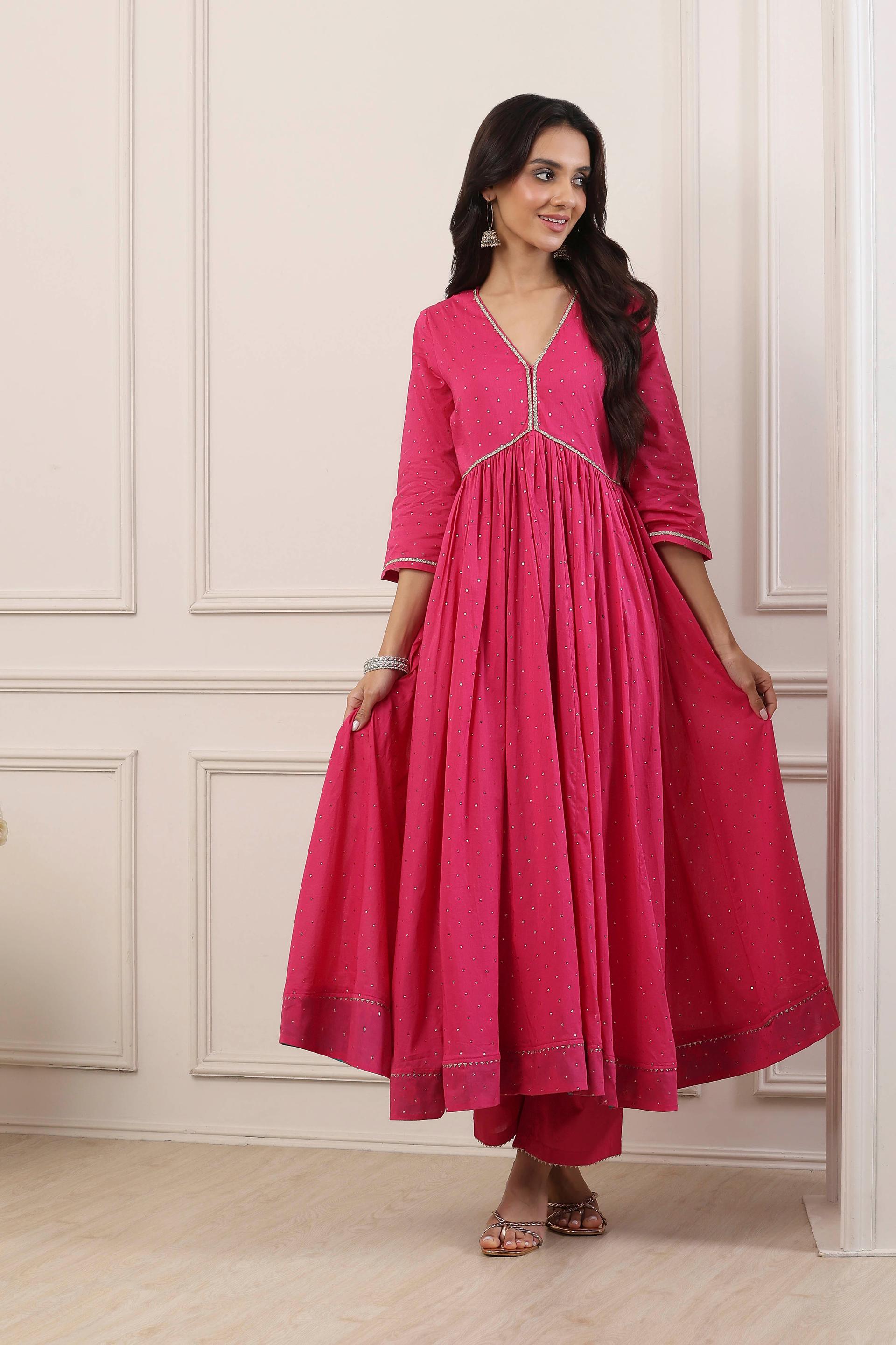 Rani Pink Cotton Flared Kurta Set with Sequins and Silver Trim, view 5 of 7