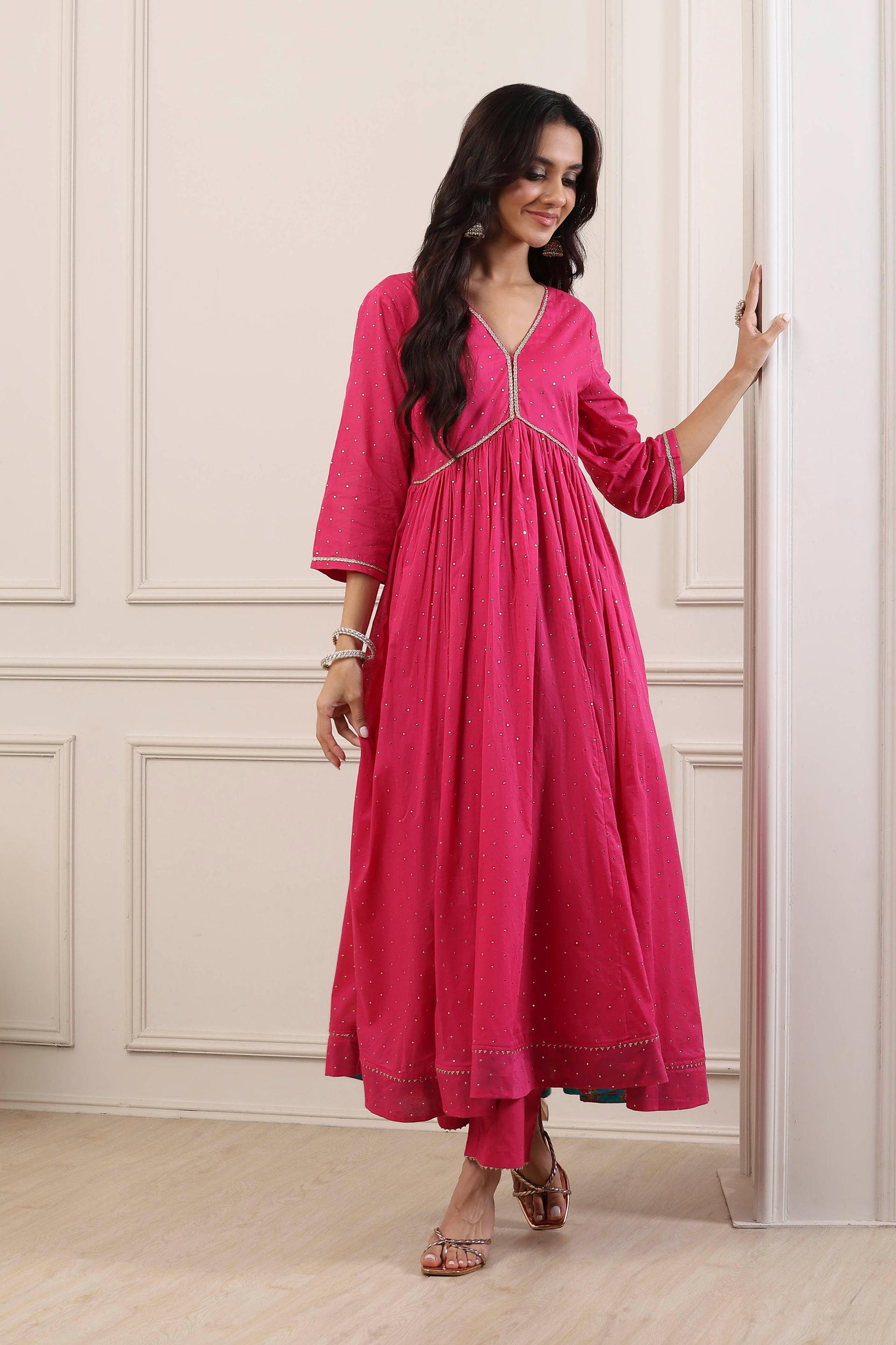 Rani Pink Cotton Flared Kurta Set with Sequins and Silver Trim, view 6 of 7
