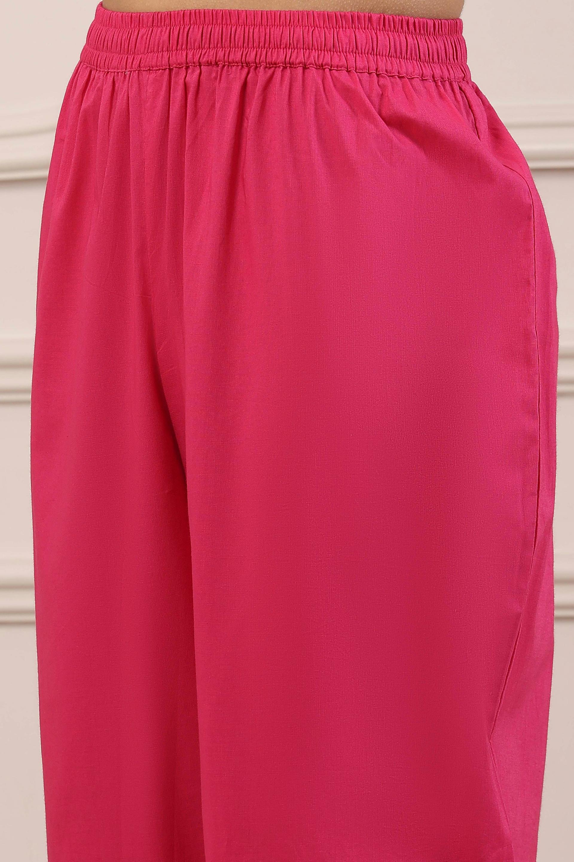 Rani Pink Cotton Flared Kurta Set with Sequins and Silver Trim, view 7 of 7
