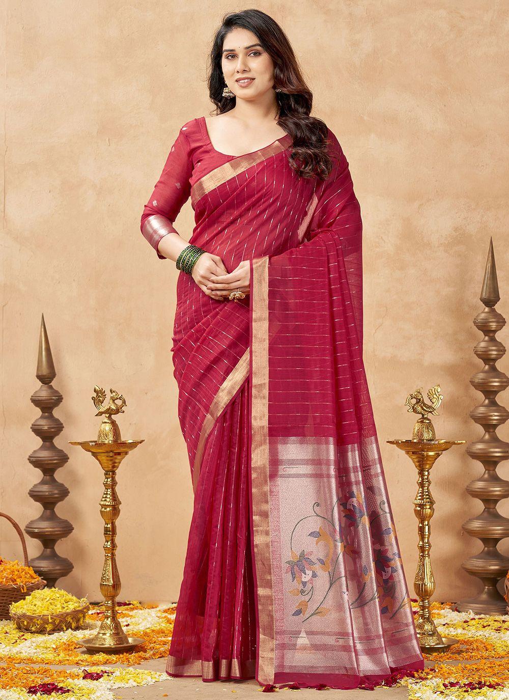 Raspberry Striped Cotton Saree with Tissue Pallu