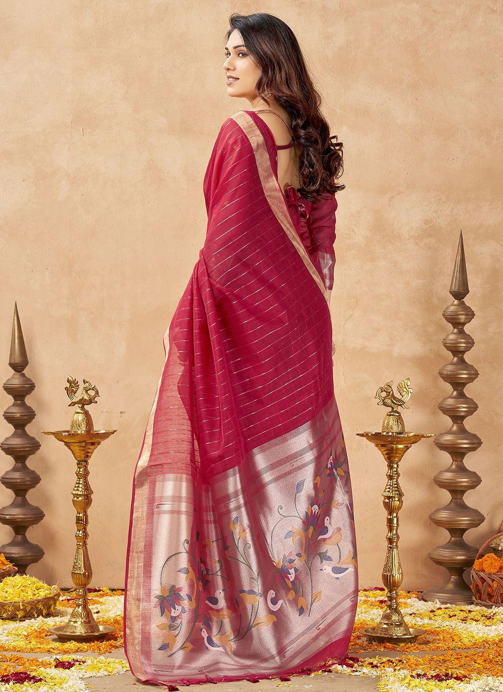 Raspberry Striped Cotton Saree with Tissue Pallu, view 2 of 4