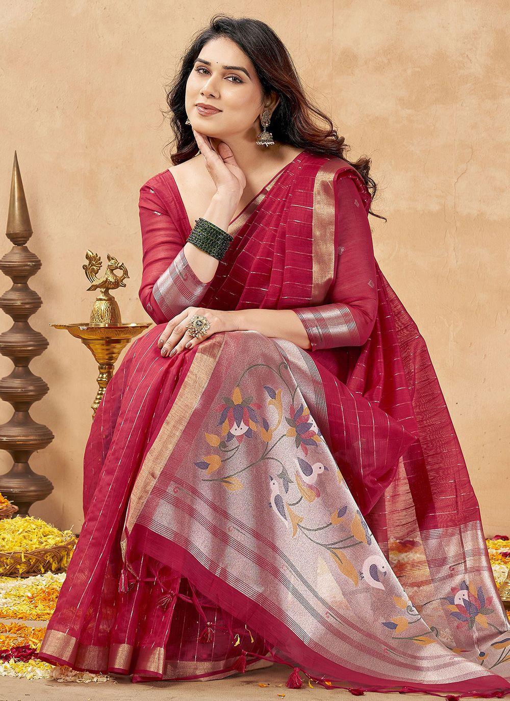 Raspberry Striped Cotton Saree with Tissue Pallu, view 3 of 4
