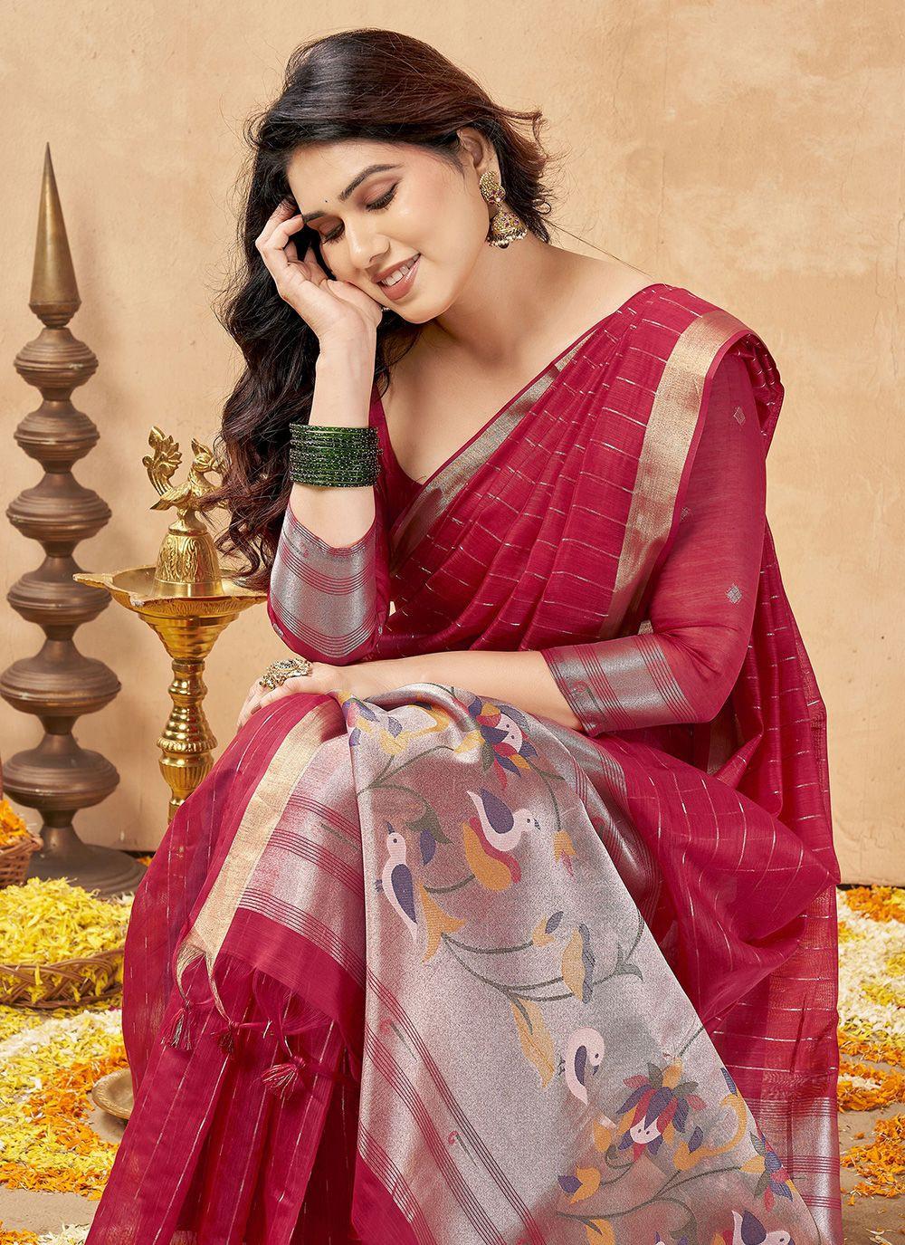Raspberry Striped Cotton Saree with Tissue Pallu, view 4 of 4