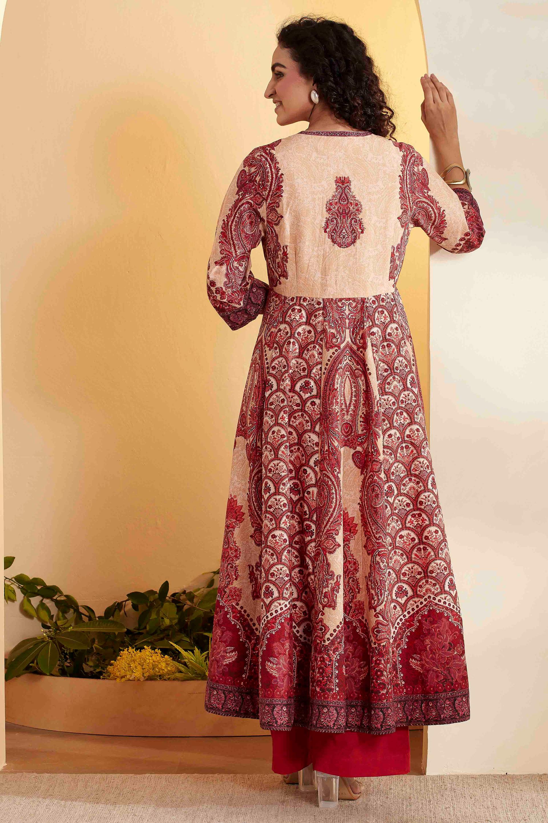 Red and Peach Paisley Print Cotton Flared Kurta and Palazzo Set, view 3 of 6
