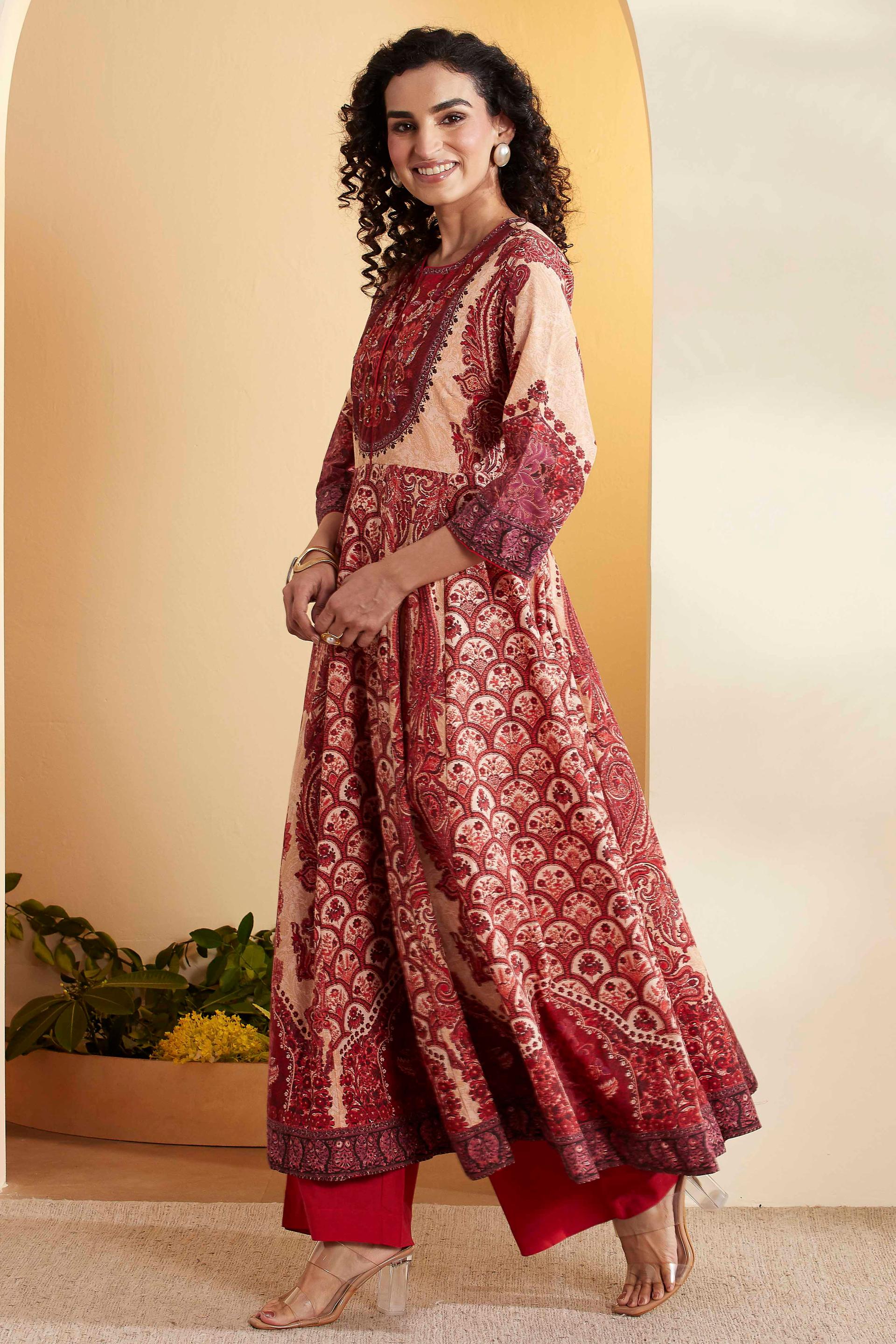 Red and Peach Paisley Print Cotton Flared Kurta and Palazzo Set, view 4 of 6