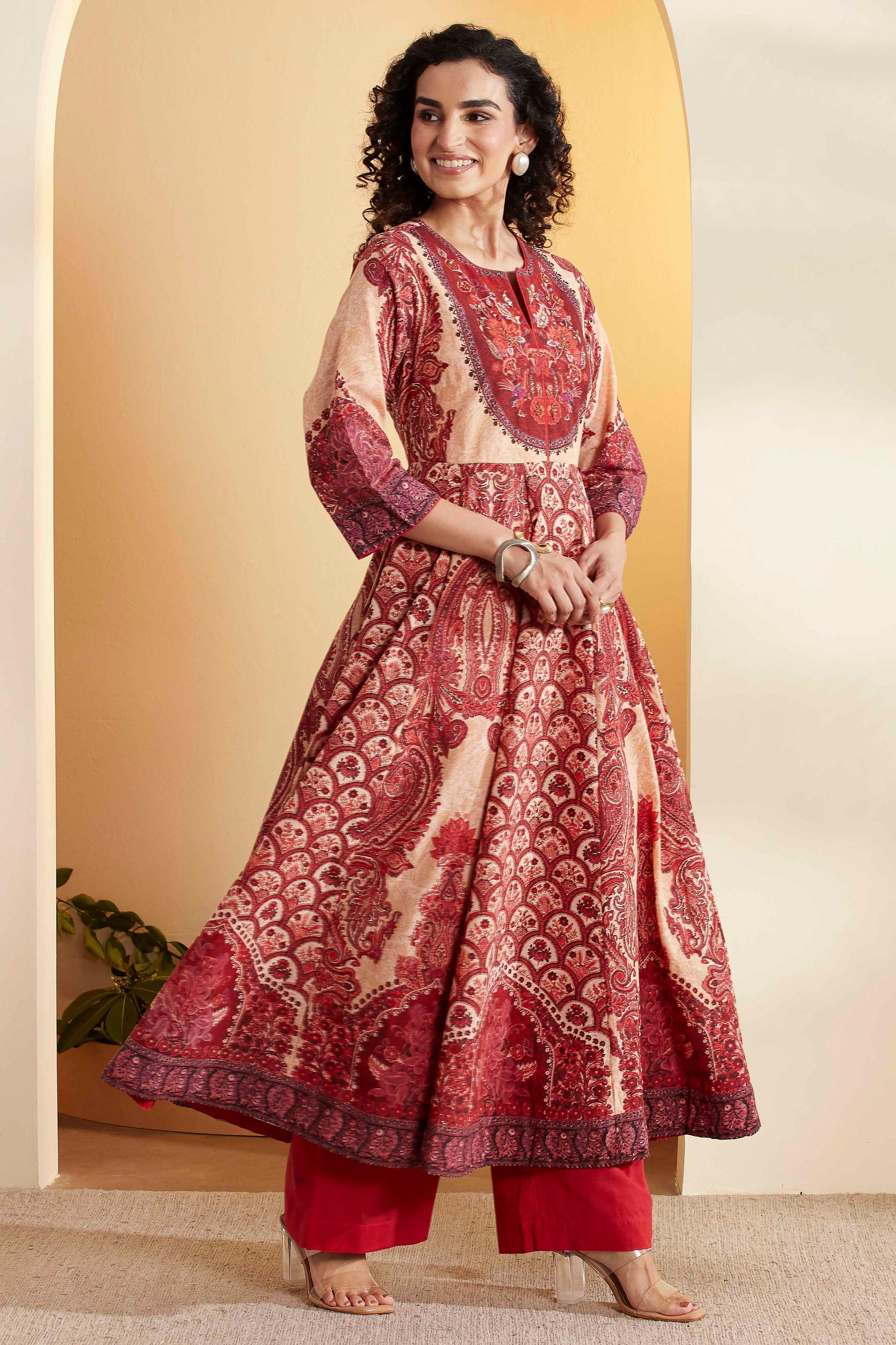 Red and Peach Paisley Print Cotton Flared Kurta and Palazzo Set, view 5 of 6