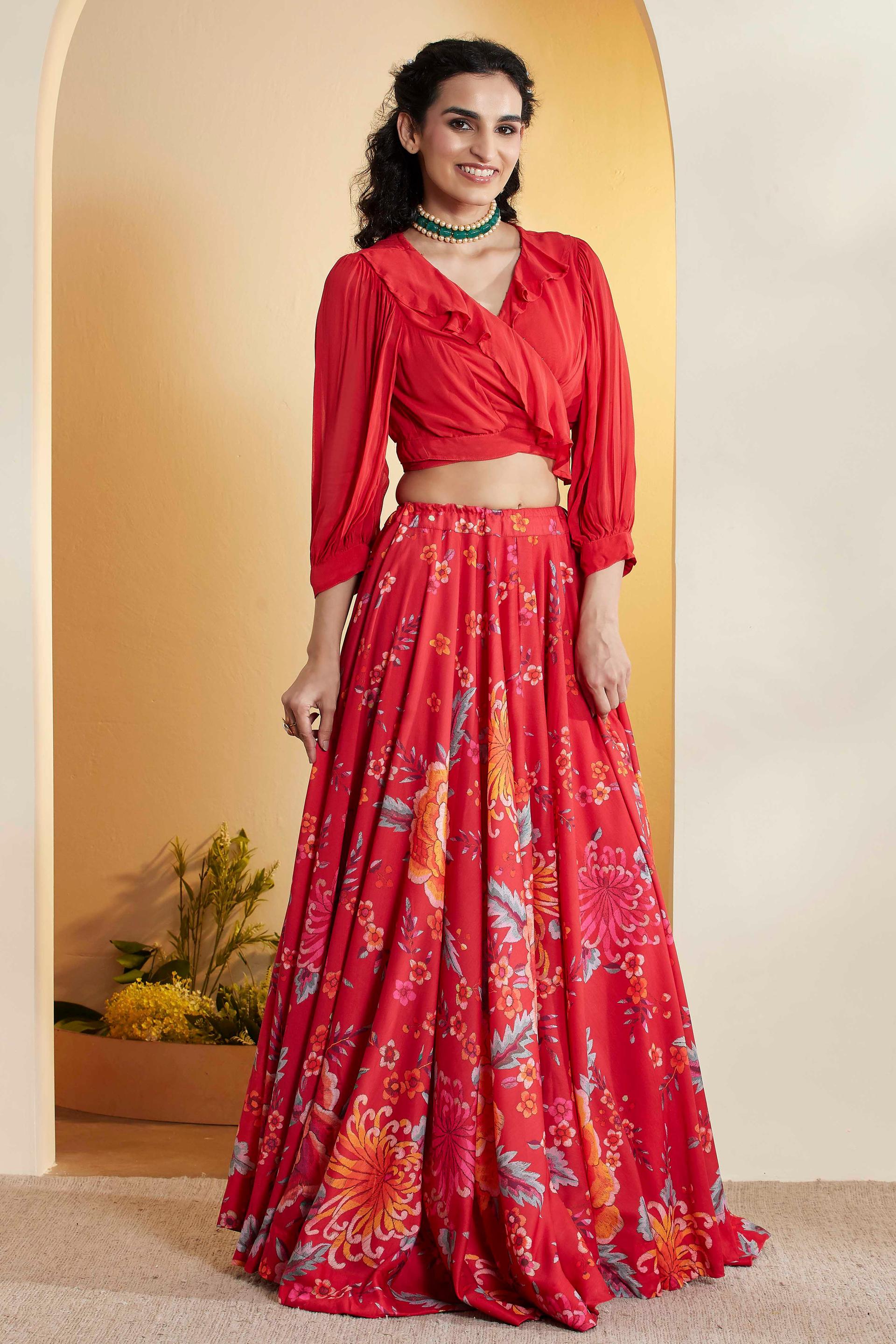 Red Floral Print Viscose Lehenga Set with Ruffled Wrap Blouse