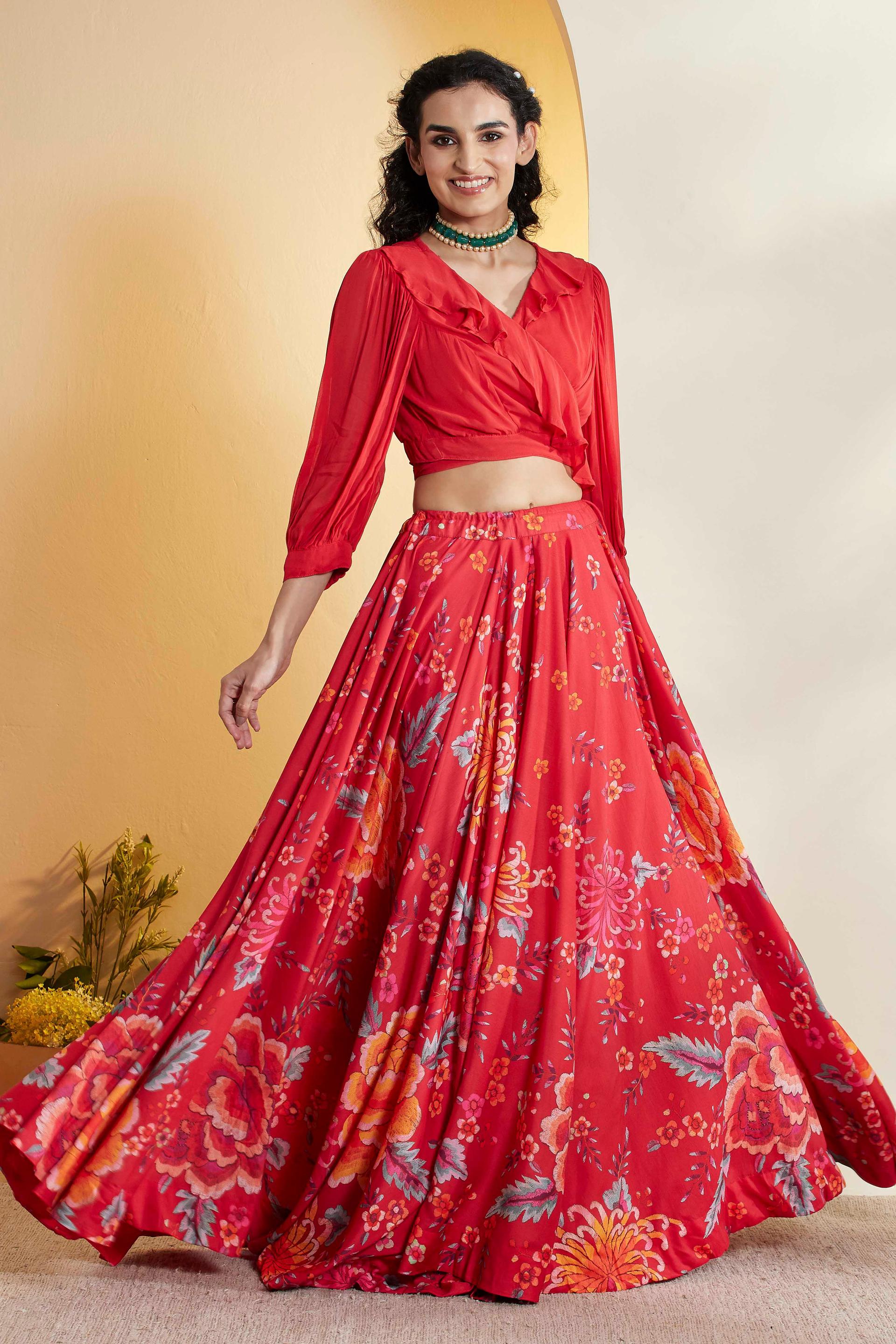 Red Floral Print Viscose Lehenga Set with Ruffled Wrap Blouse, view 2 of 7