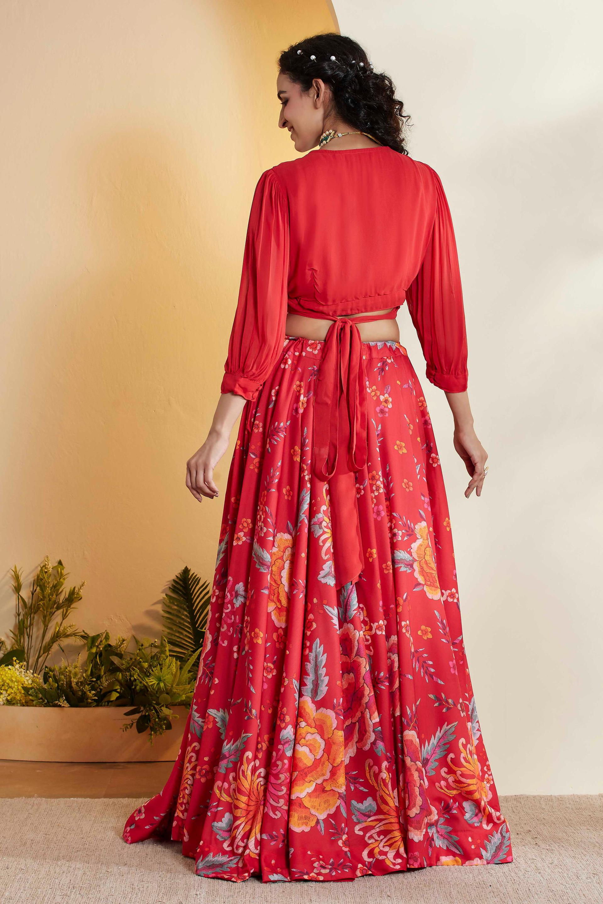 Red Floral Print Viscose Lehenga Set with Ruffled Wrap Blouse, view 3 of 7