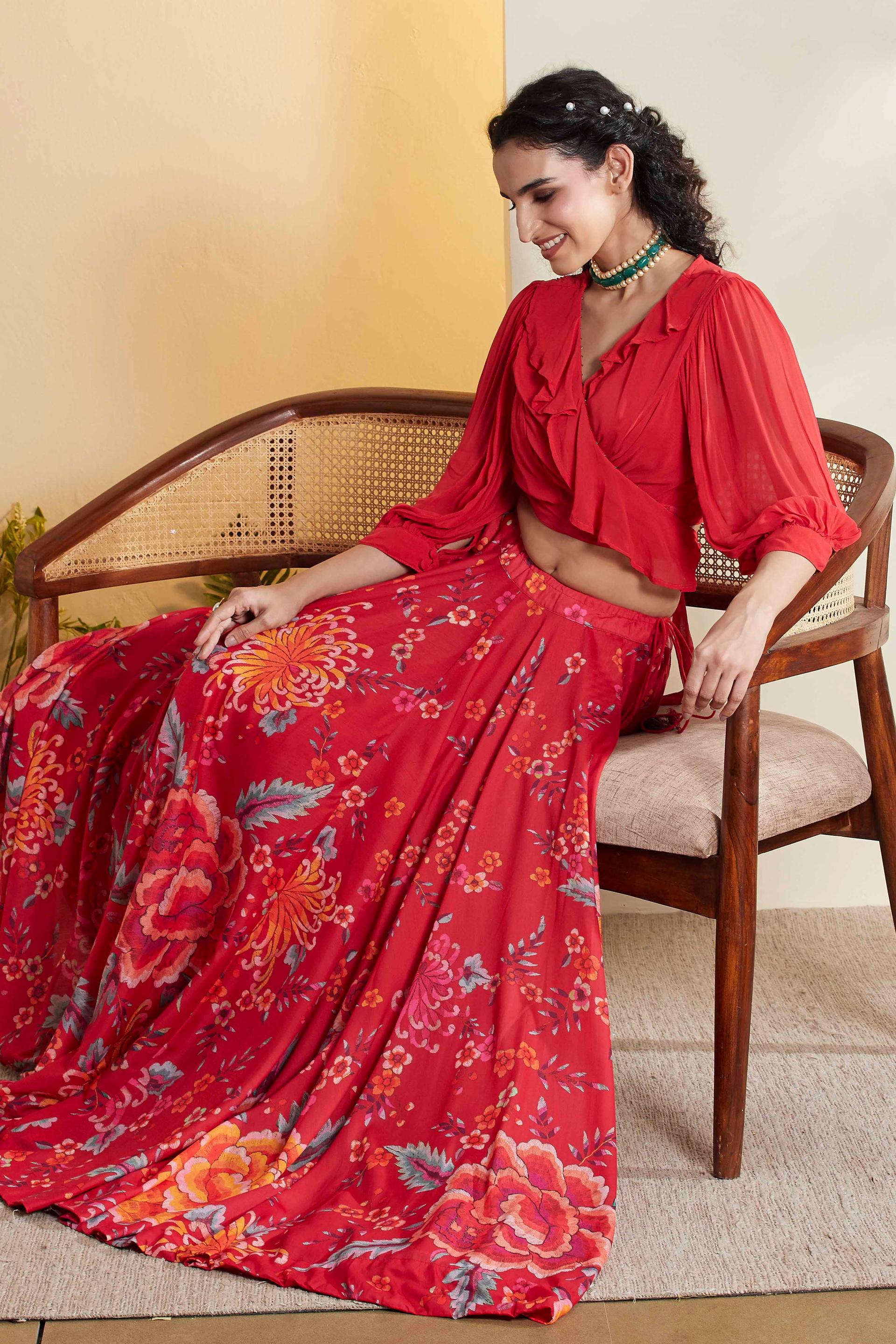 Red Floral Print Viscose Lehenga Set with Ruffled Wrap Blouse, view 4 of 7