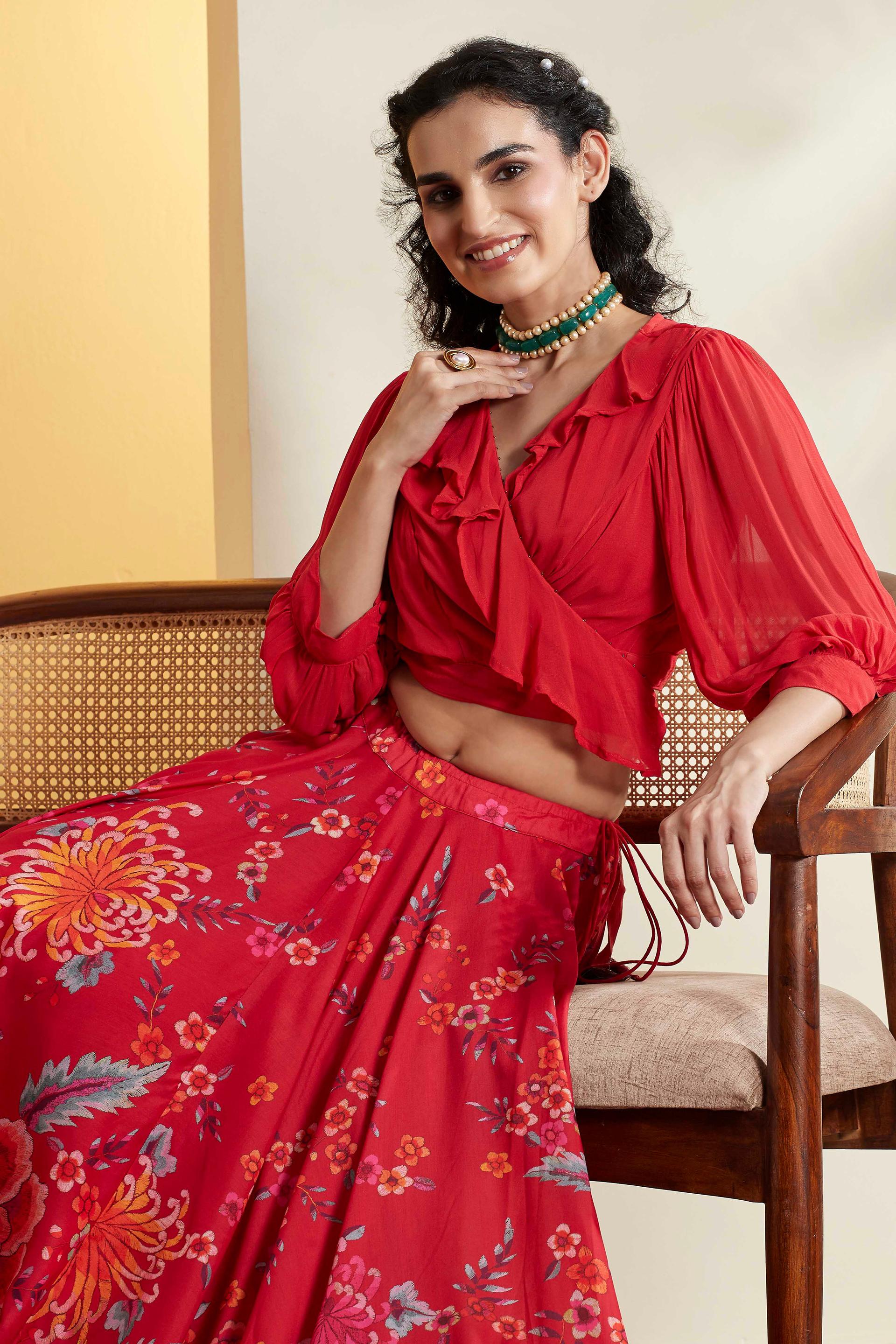 Red Floral Print Viscose Lehenga Set with Ruffled Wrap Blouse, view 5 of 7
