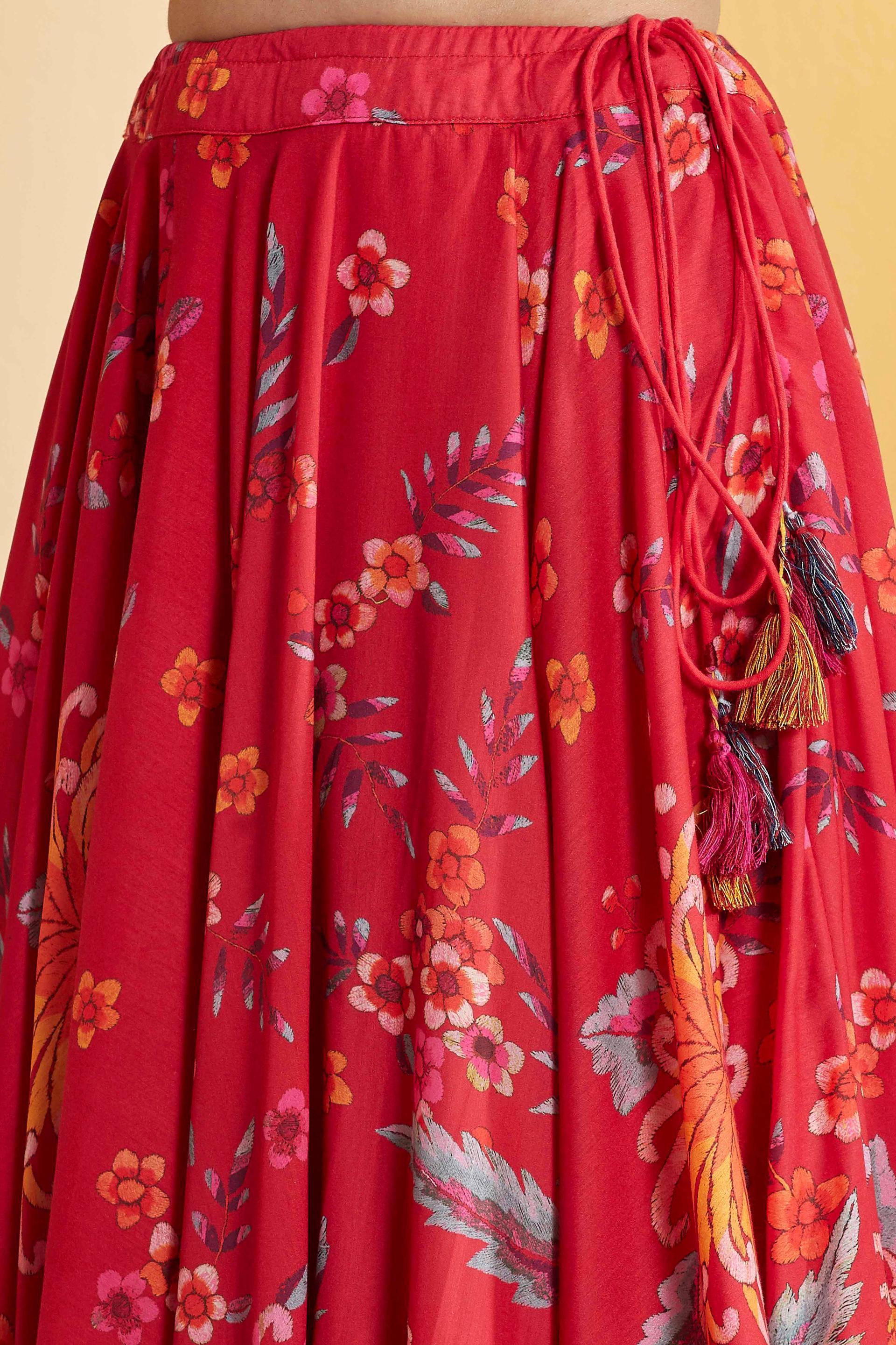 Red Floral Print Viscose Lehenga Set with Ruffled Wrap Blouse, view 6 of 7