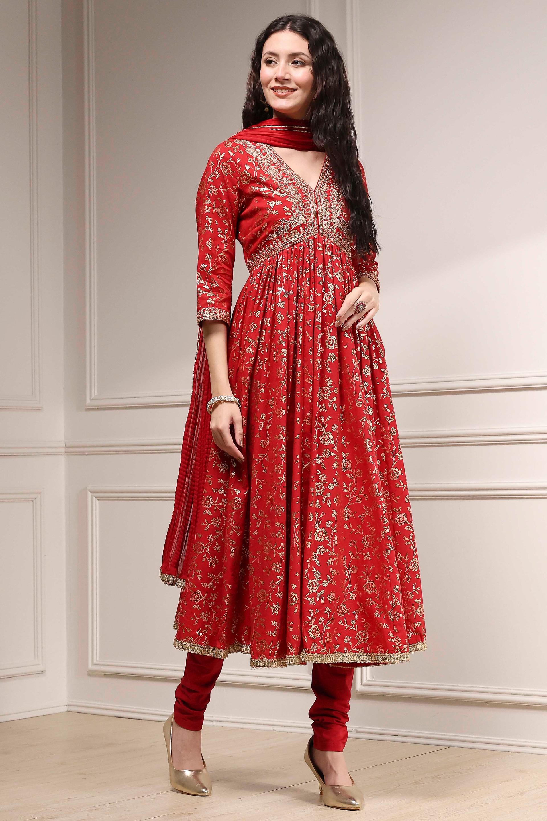 Red Foil Print Cotton Flared Kurta Set with Gold Embroidery, view 4 of 7