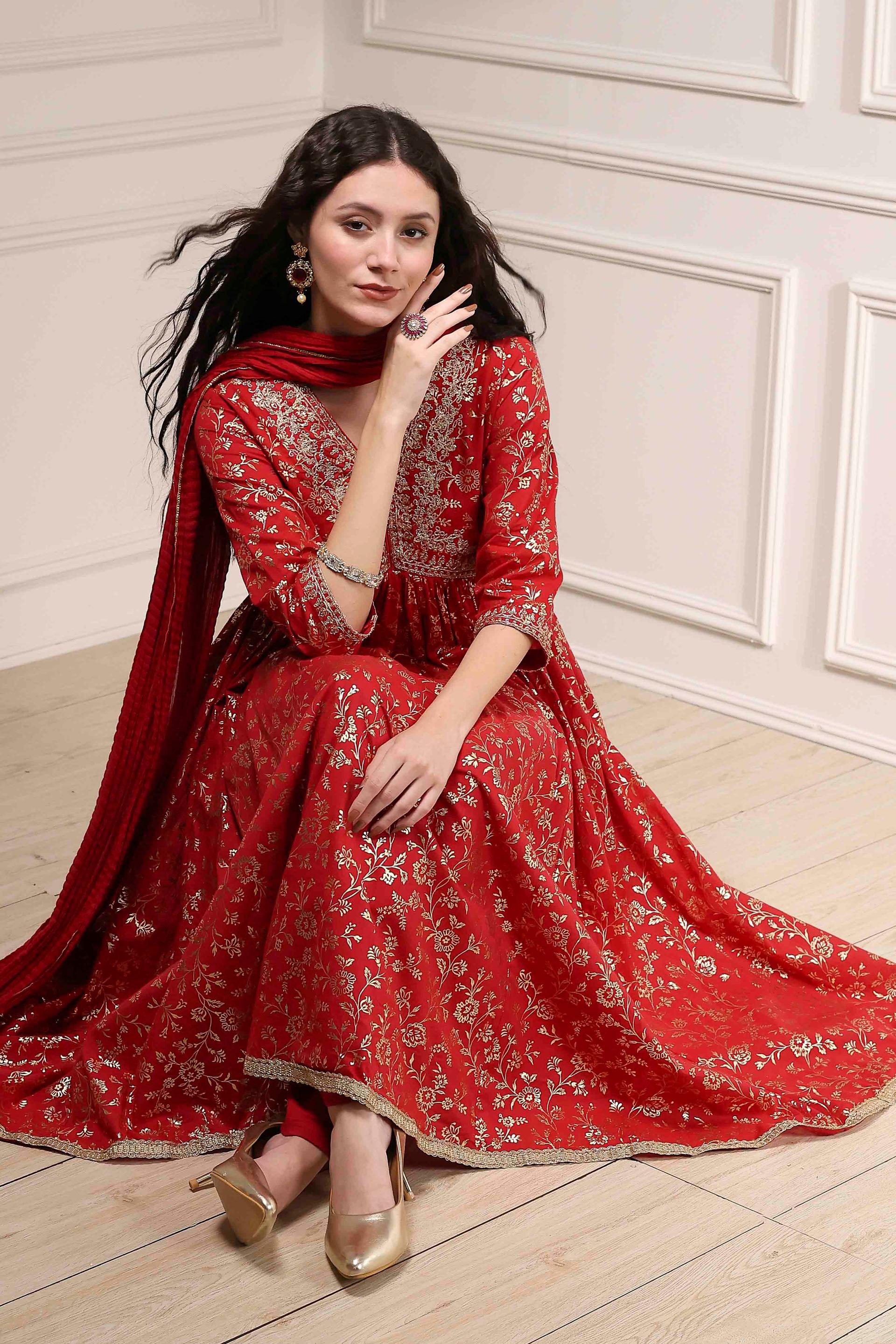 Red Foil Print Cotton Flared Kurta Set with Gold Embroidery, view 6 of 7