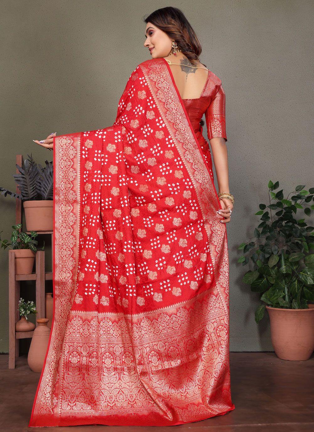 Red Satin Saree with Bandhej-Style Dots, view 3 of 4