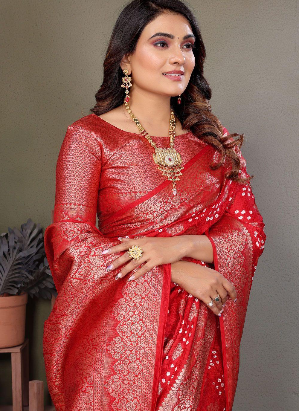 Red Satin Saree with Bandhej-Style Dots, view 4 of 4