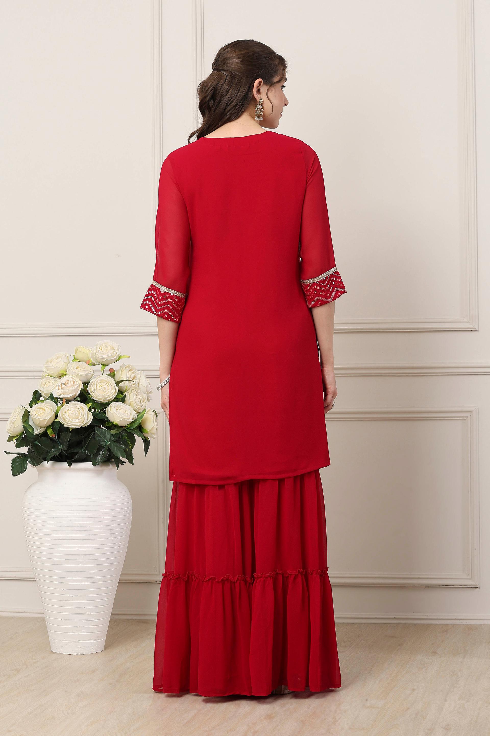 Red Sequin Chevron Kurta and Tiered Sharara Set, view 3 of 5