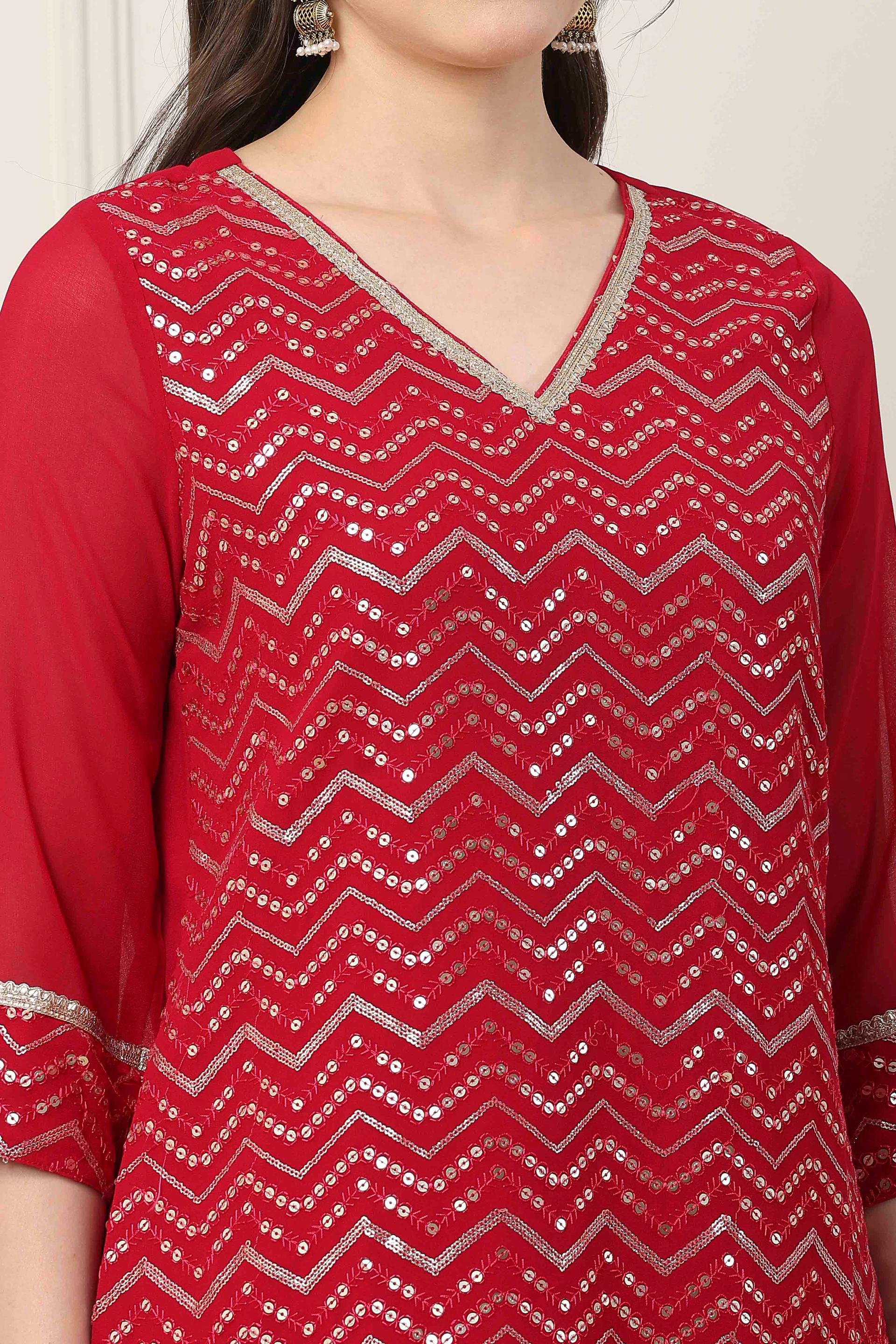 Red Sequin Chevron Kurta and Tiered Sharara Set, view 4 of 5