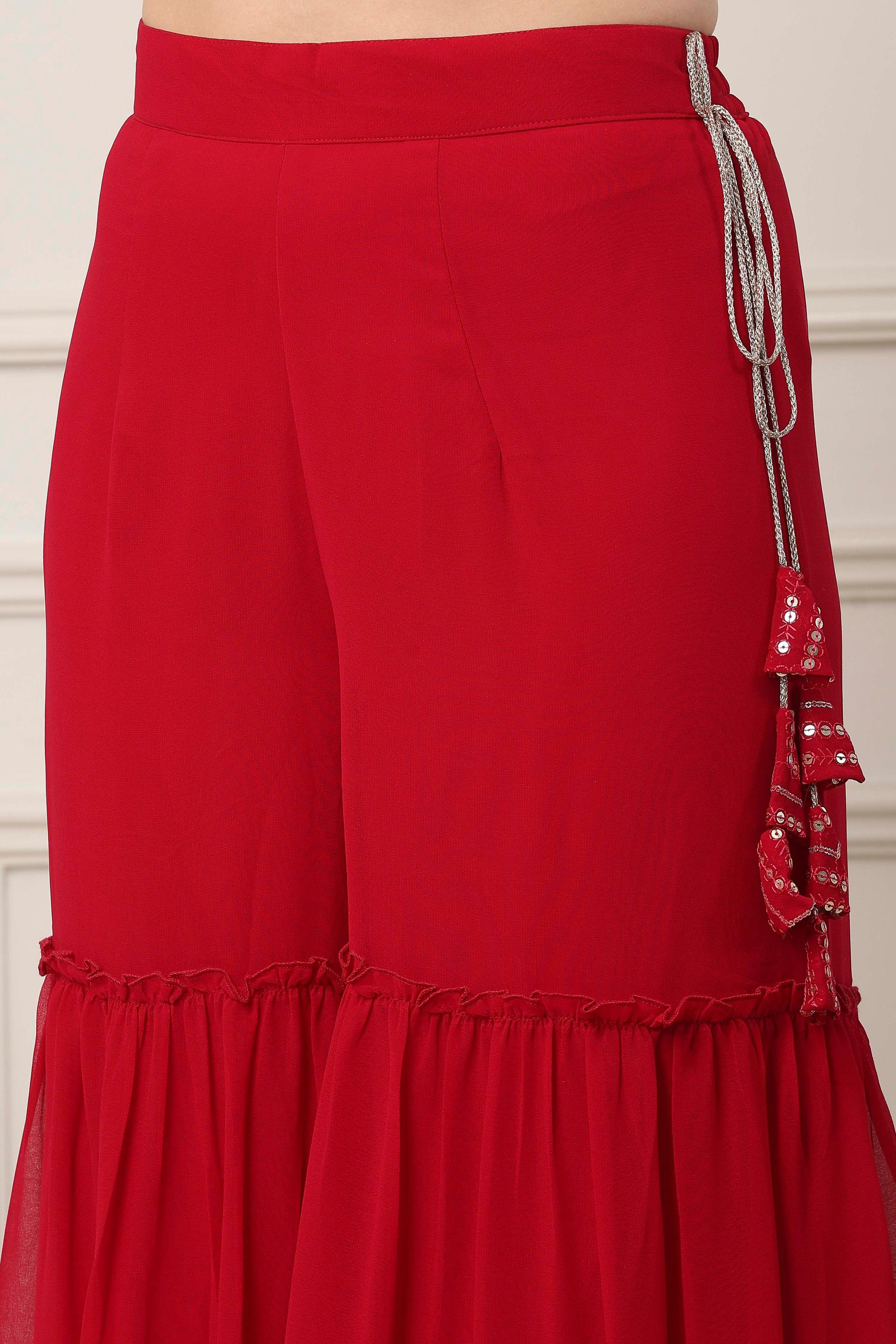 Red Sequin Chevron Kurta and Tiered Sharara Set, view 5 of 5