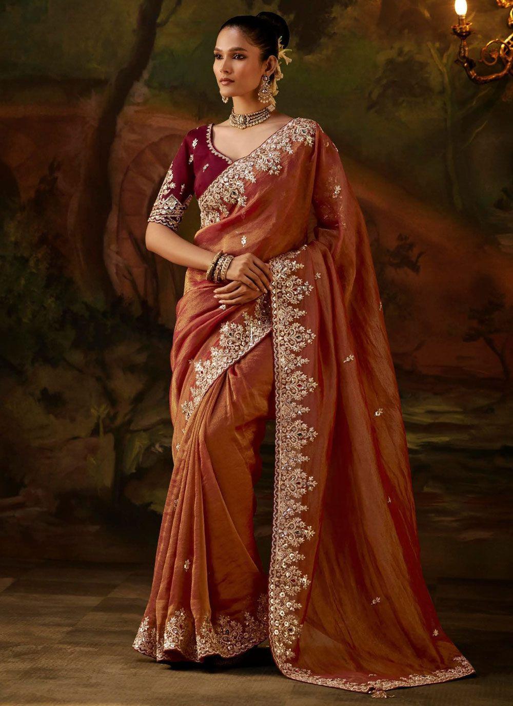 Rust Tissue Saree with Embroidered Sequin Border