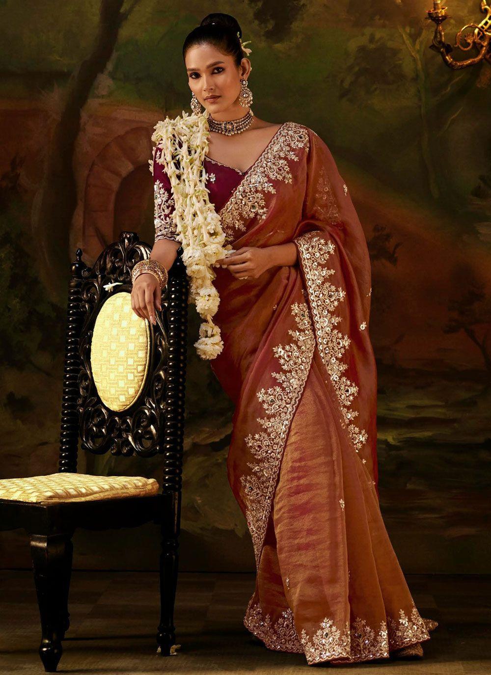 Rust Tissue Saree with Embroidered Sequin Border, view 2 of 4