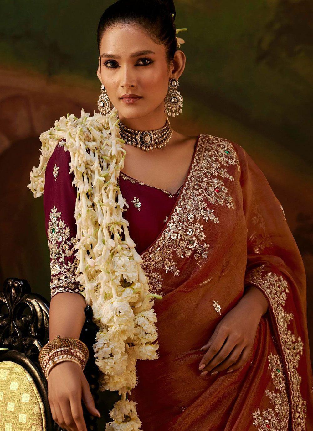 Rust Tissue Saree with Embroidered Sequin Border, view 3 of 4