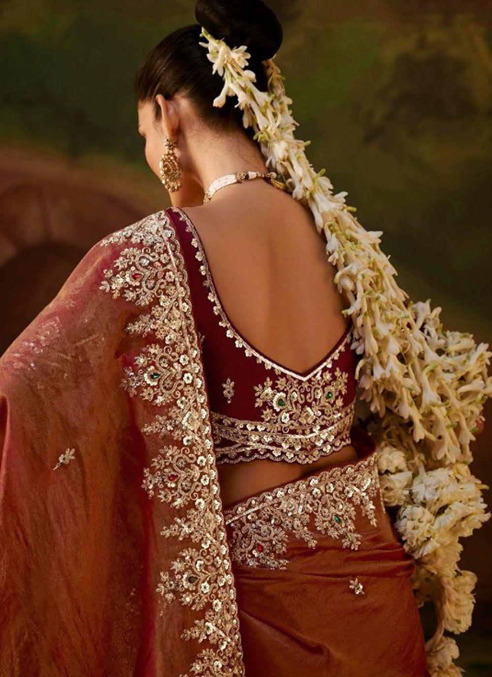 Rust Tissue Saree with Embroidered Sequin Border, view 4 of 4