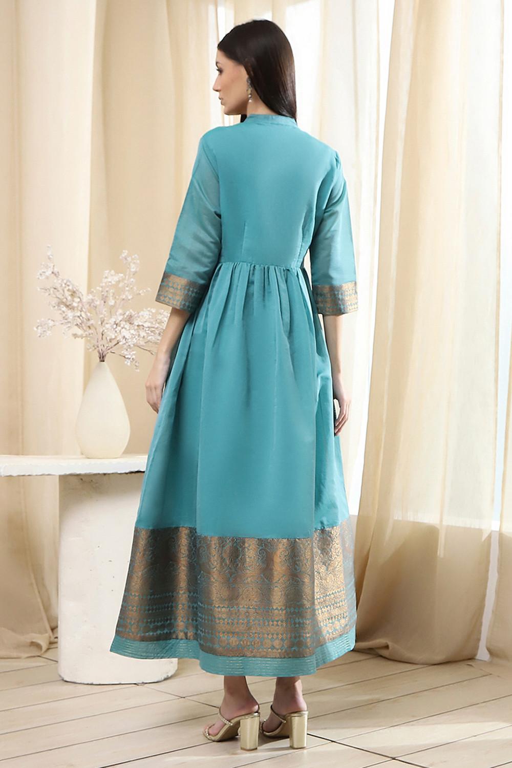 Teal Blue Long Flared Kurta with Gold Jacquard Yoke and Border, view 3 of 5