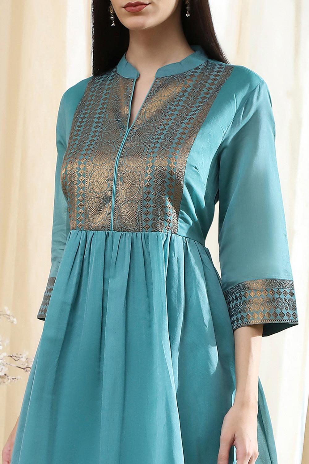 Teal Blue Long Flared Kurta with Gold Jacquard Yoke and Border, view 4 of 5