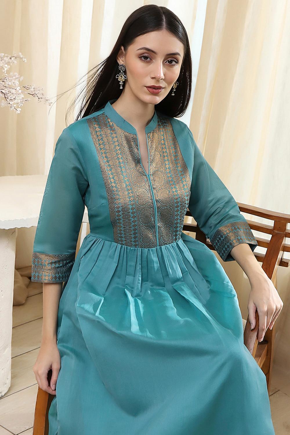 Teal Blue Long Flared Kurta with Gold Jacquard Yoke and Border, view 5 of 5