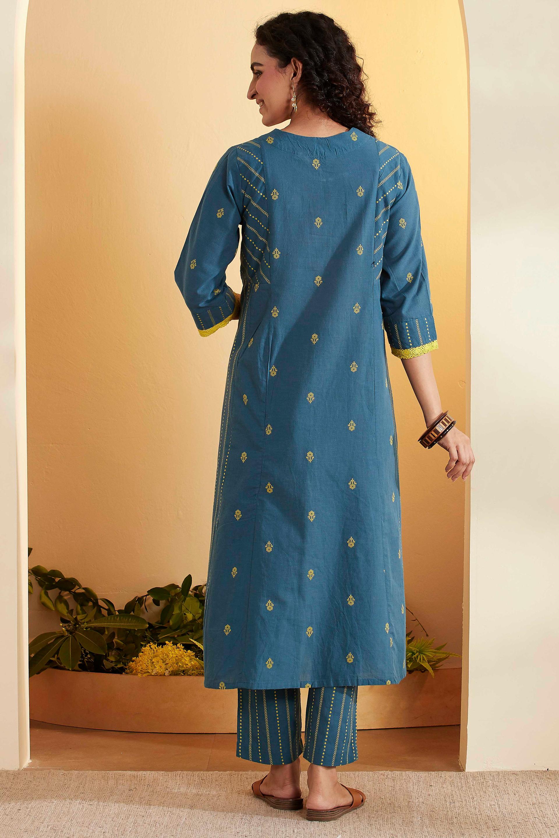 Teal Blue Yarn-Dyed Cotton Flared Kurta Set with Lime Yellow Dupatta, view 3 of 6