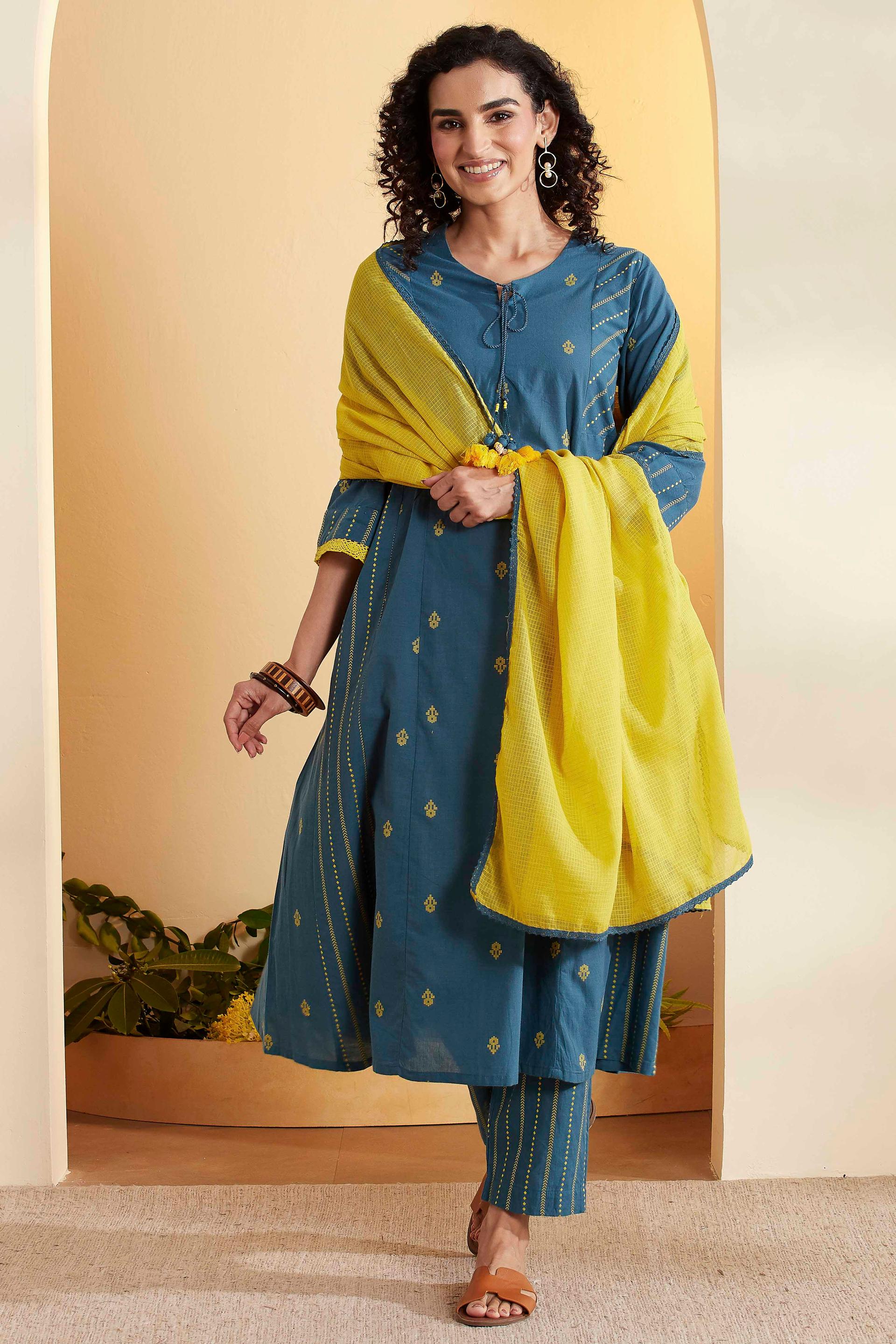 Teal Blue Yarn-Dyed Cotton Flared Kurta Set with Lime Yellow Dupatta, view 5 of 6