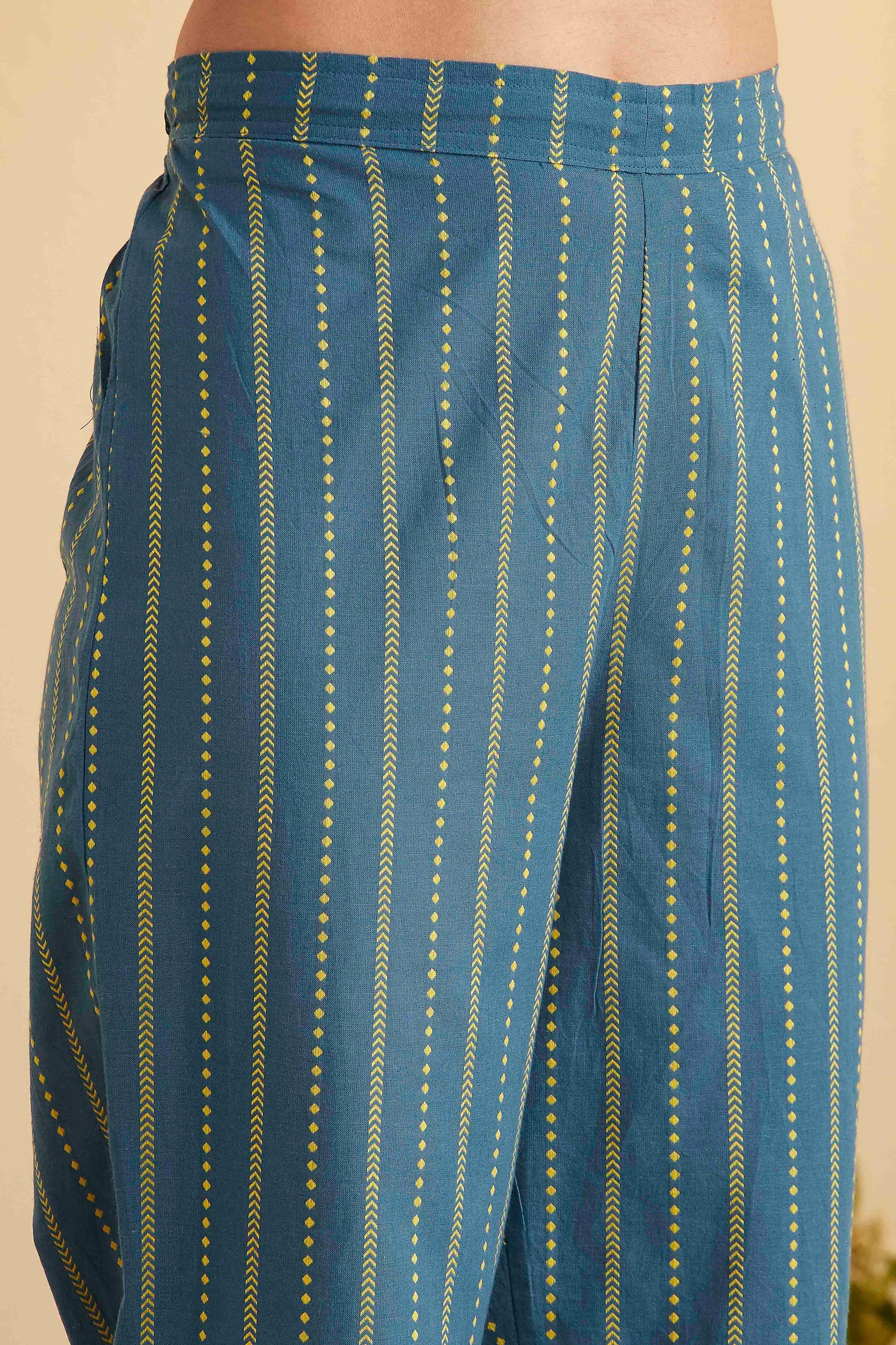 Teal Blue Yarn-Dyed Cotton Flared Kurta Set with Lime Yellow Dupatta, view 6 of 6