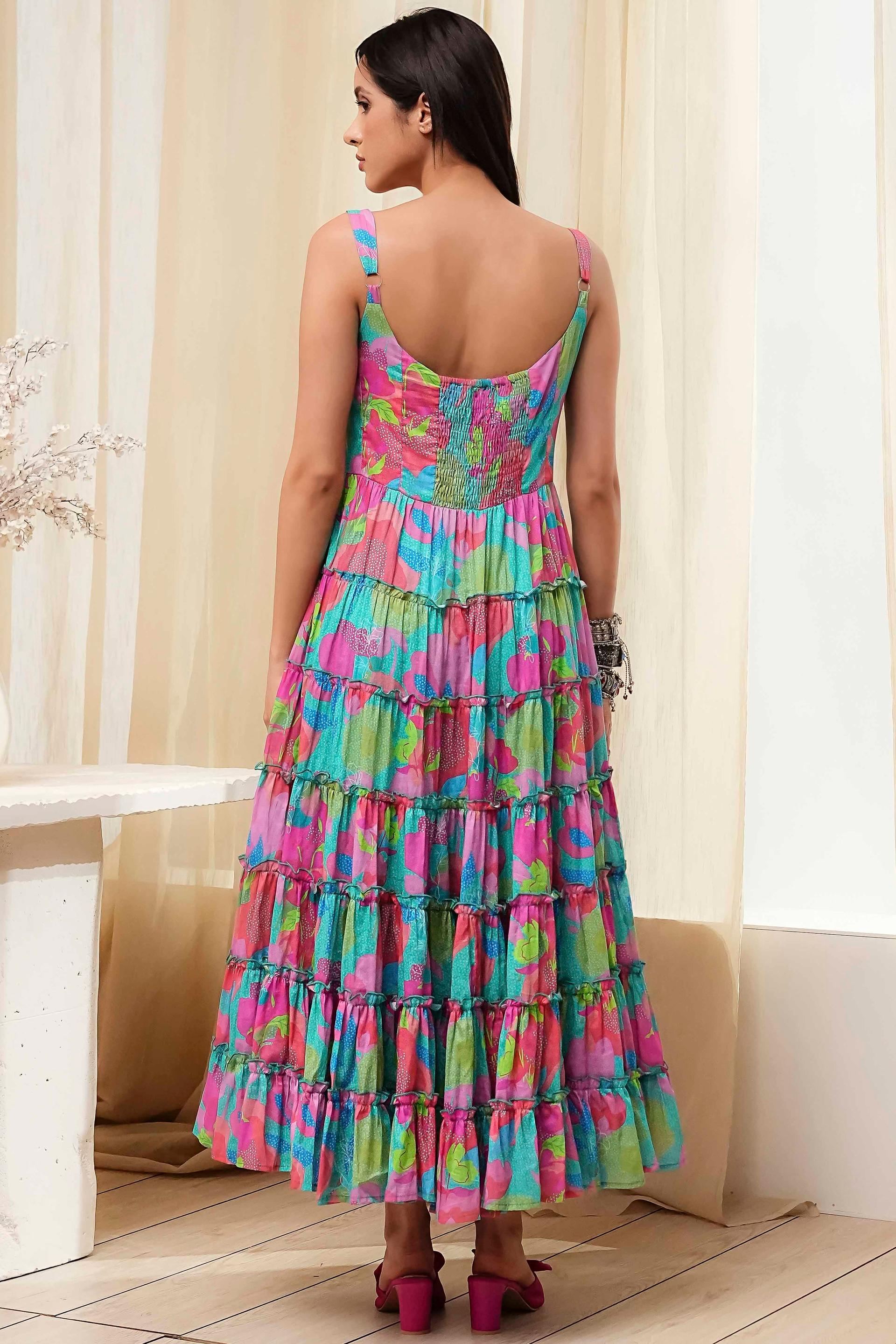 Turquoise and Pink Floral Print Cotton Maxi Dress with Sweetheart Neckline, view 3 of 5