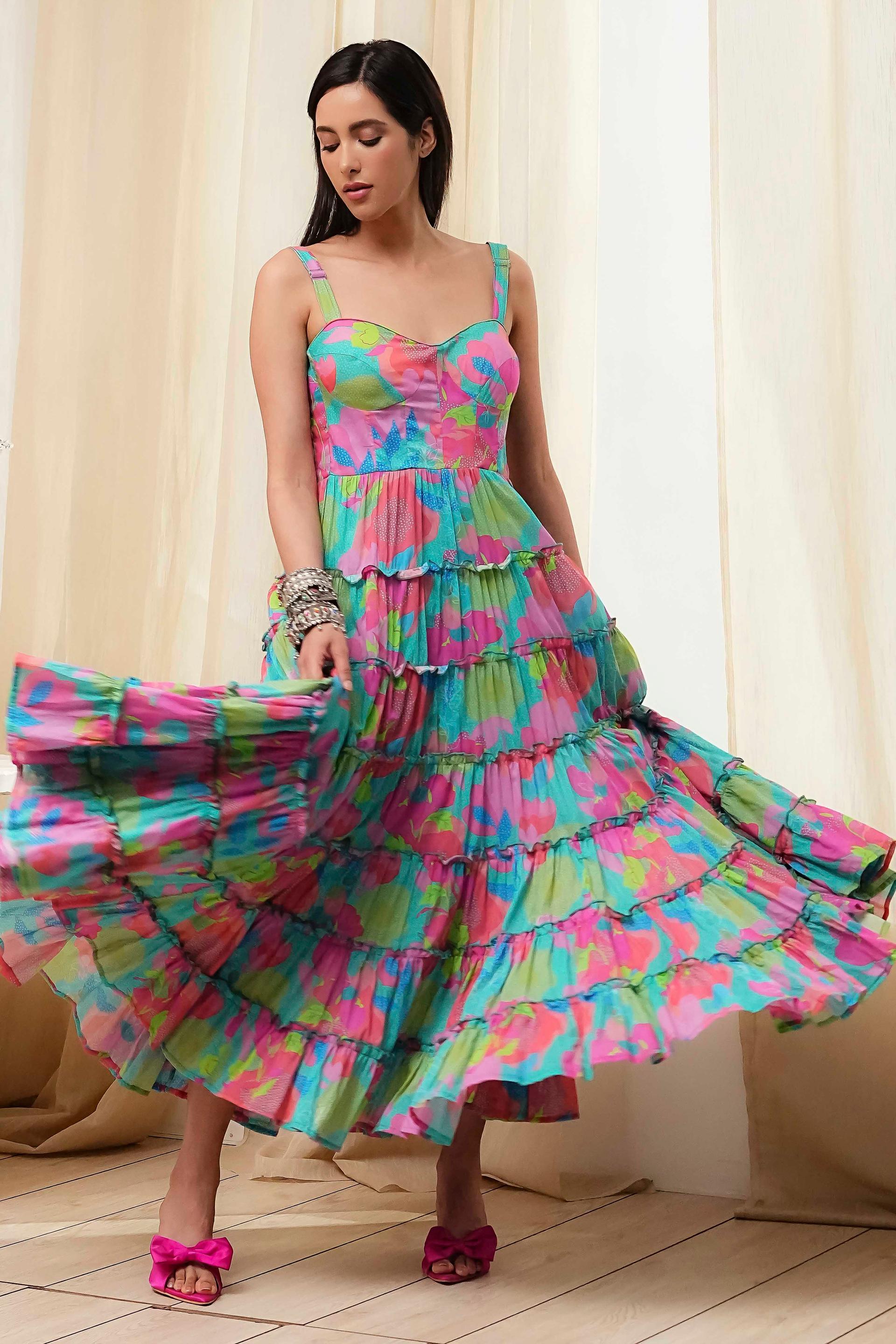 Turquoise and Pink Floral Print Cotton Maxi Dress with Sweetheart Neckline, view 5 of 5