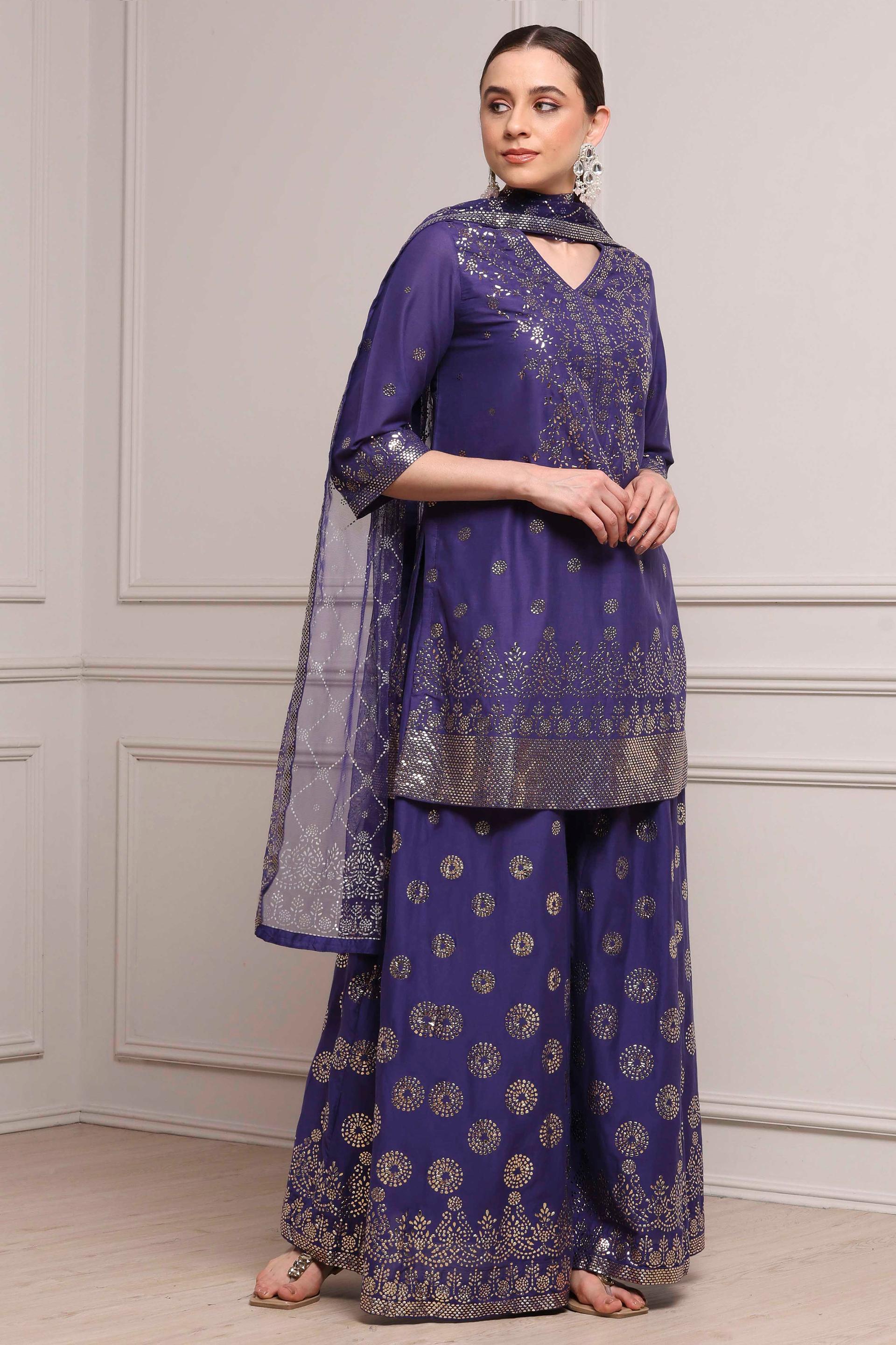Violet Foil Print Cotton Kurta and Sharara Set with Net Dupatta, view 3 of 6