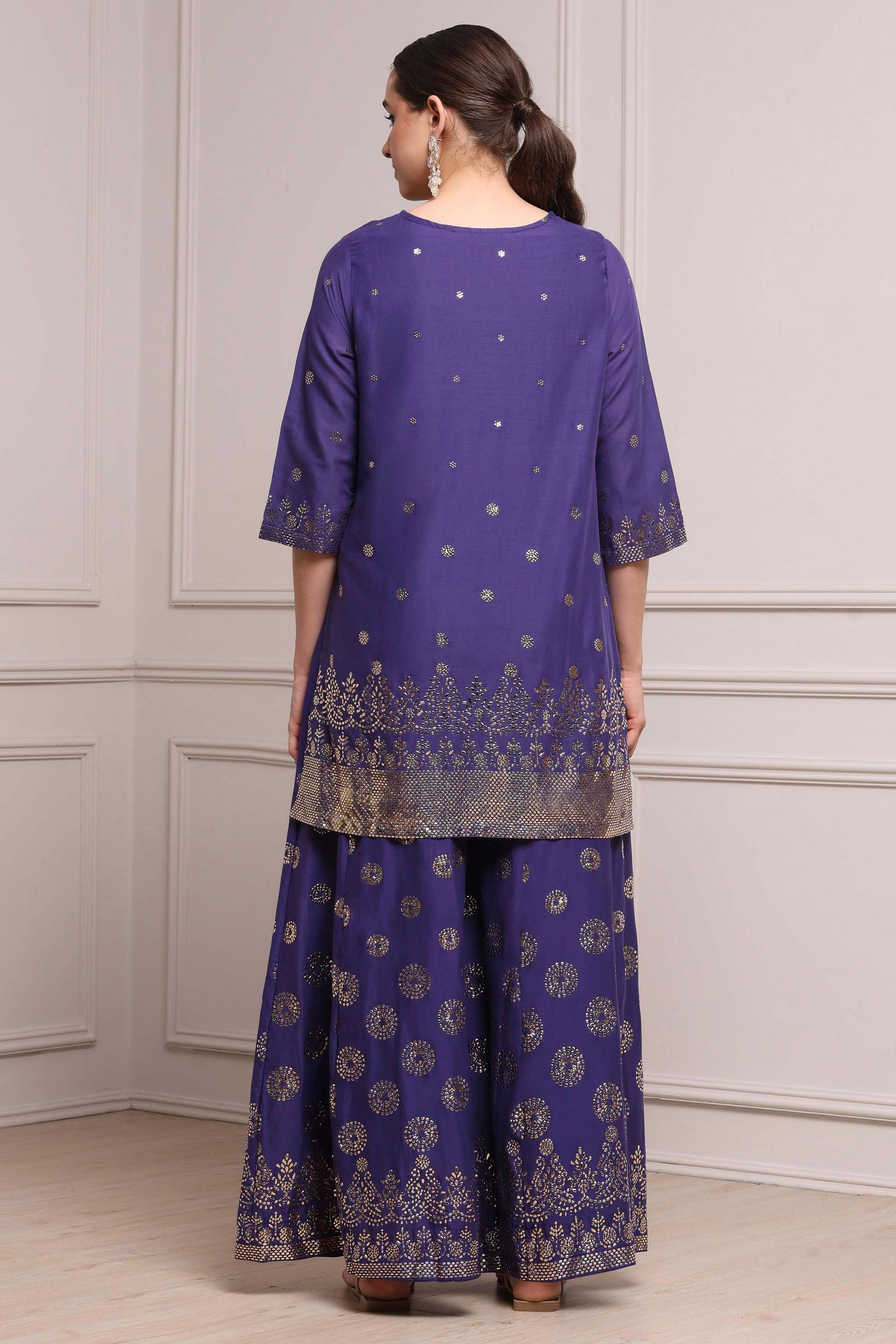 Violet Foil Print Cotton Kurta and Sharara Set with Net Dupatta, view 4 of 6