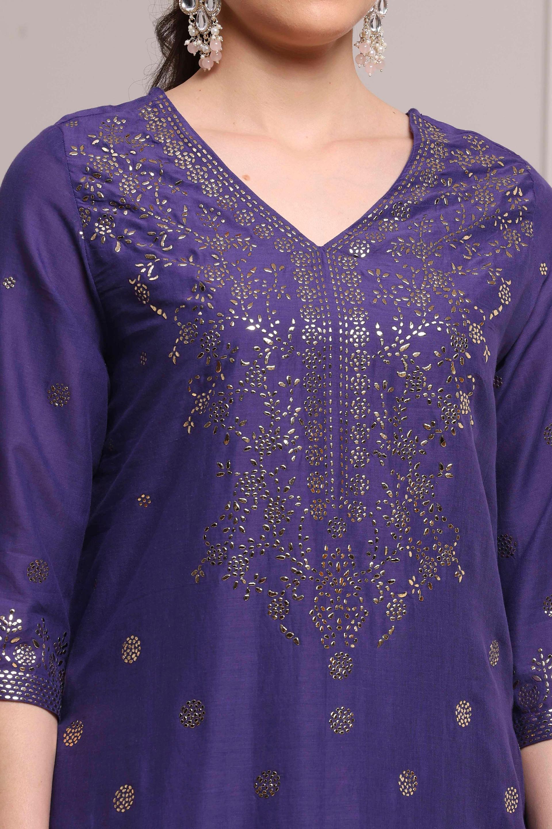 Violet Foil Print Cotton Kurta and Sharara Set with Net Dupatta, view 5 of 6