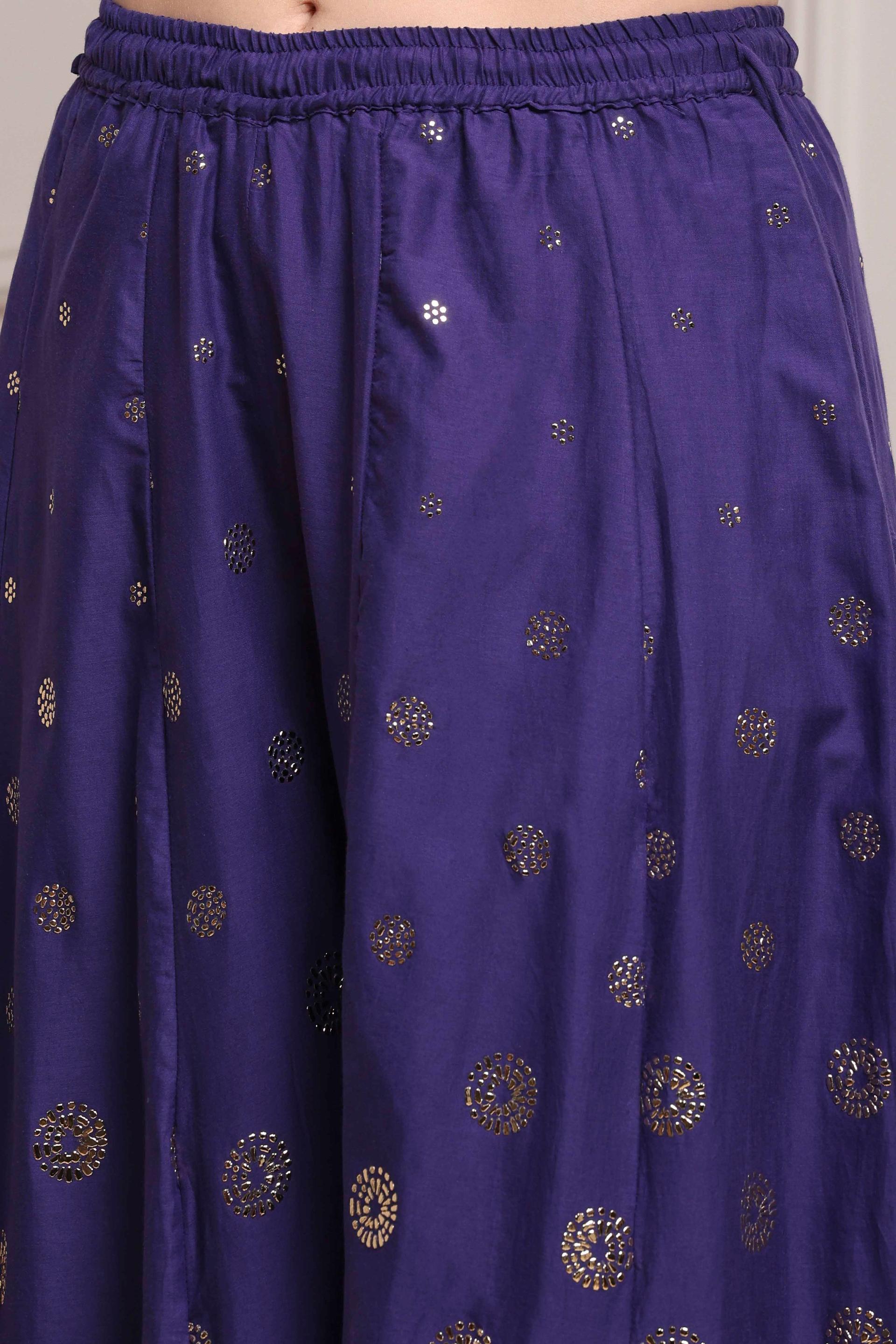 Violet Foil Print Cotton Kurta and Sharara Set with Net Dupatta, view 6 of 6