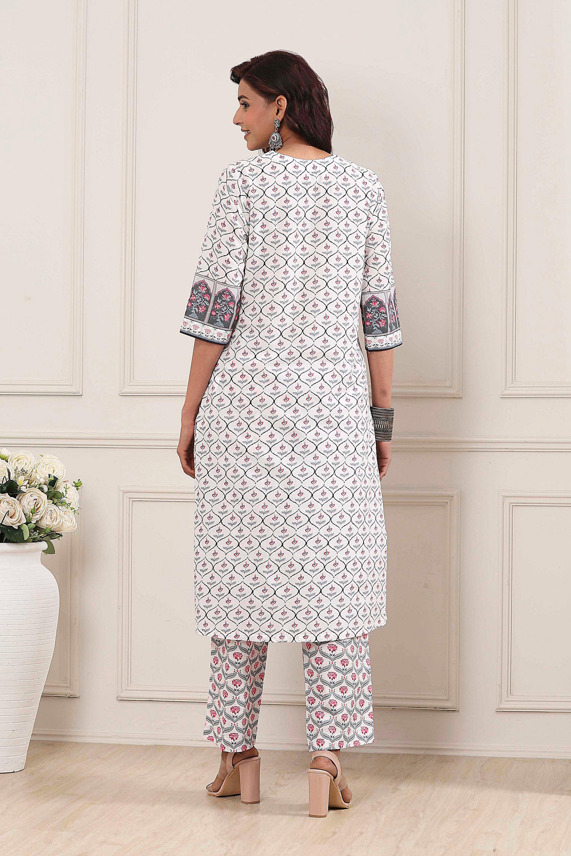 White and Grey Trellis Print Cotton Kurta and Palazzo Set, view 3 of 7