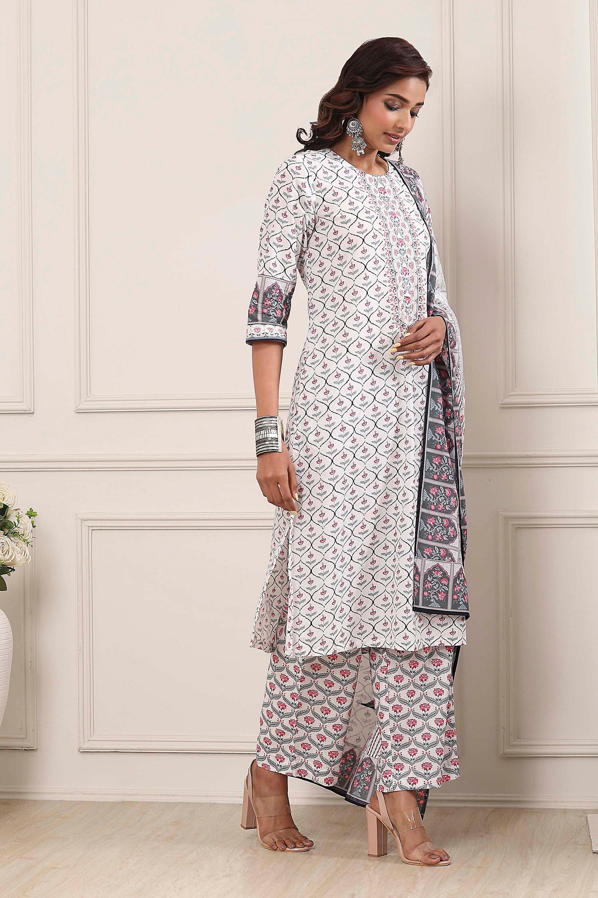 White and Grey Trellis Print Cotton Kurta and Palazzo Set, view 4 of 7