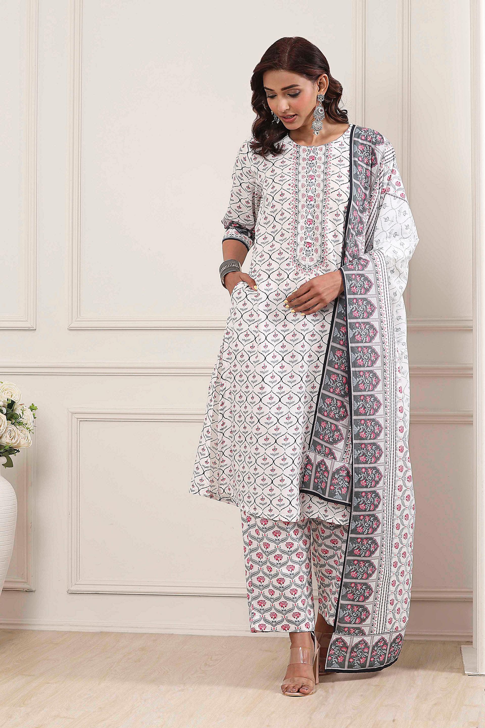 White and Grey Trellis Print Cotton Kurta and Palazzo Set, view 5 of 7