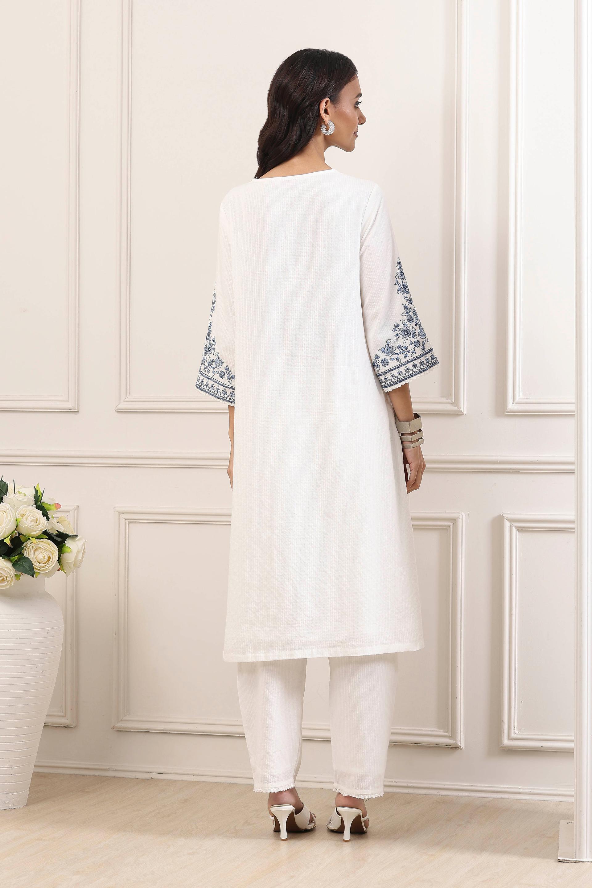 White Cotton Kurta Set with Blue Floral Embroidery and Striped Dupatta, view 3 of 6