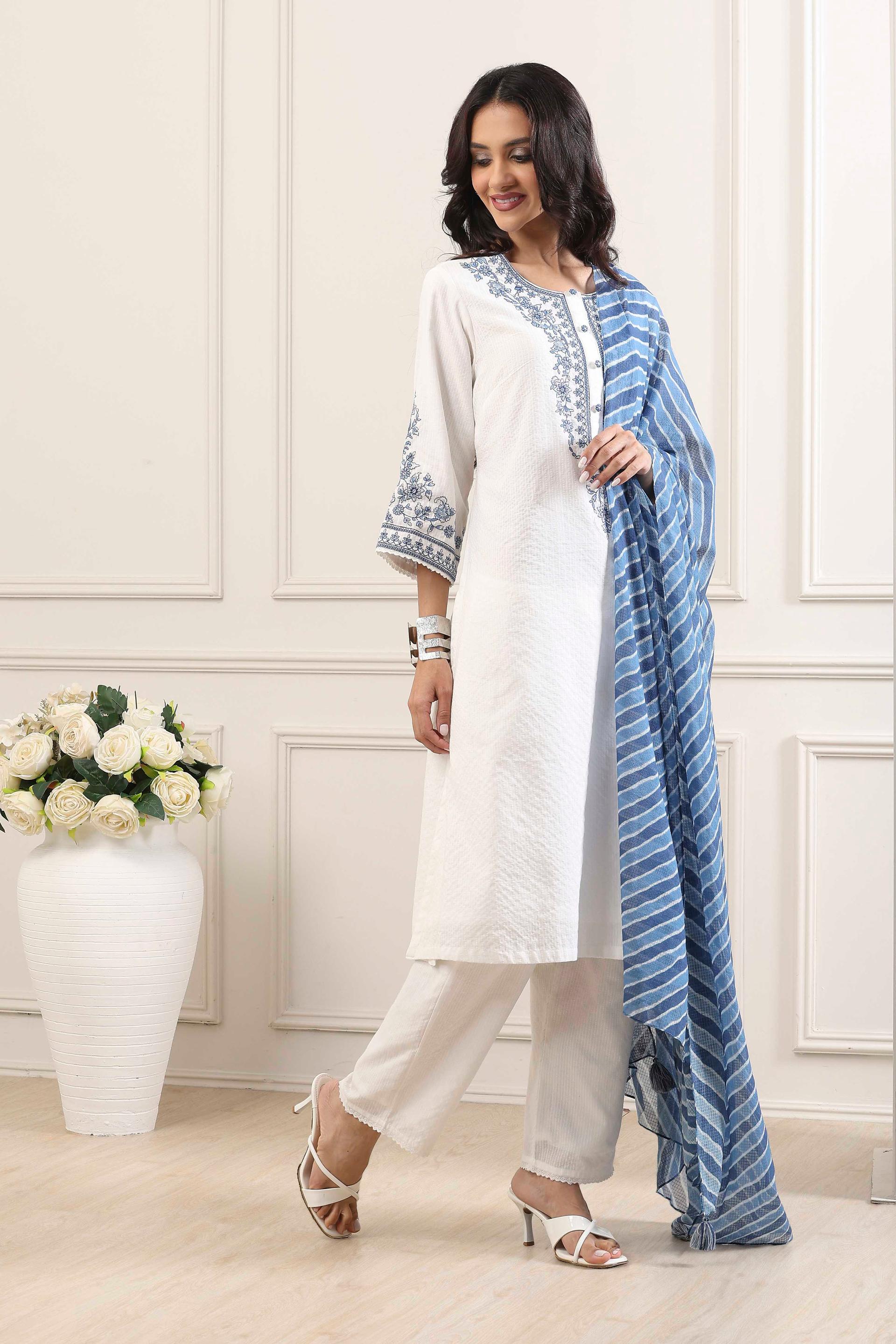White Cotton Kurta Set with Blue Floral Embroidery and Striped Dupatta, view 4 of 6