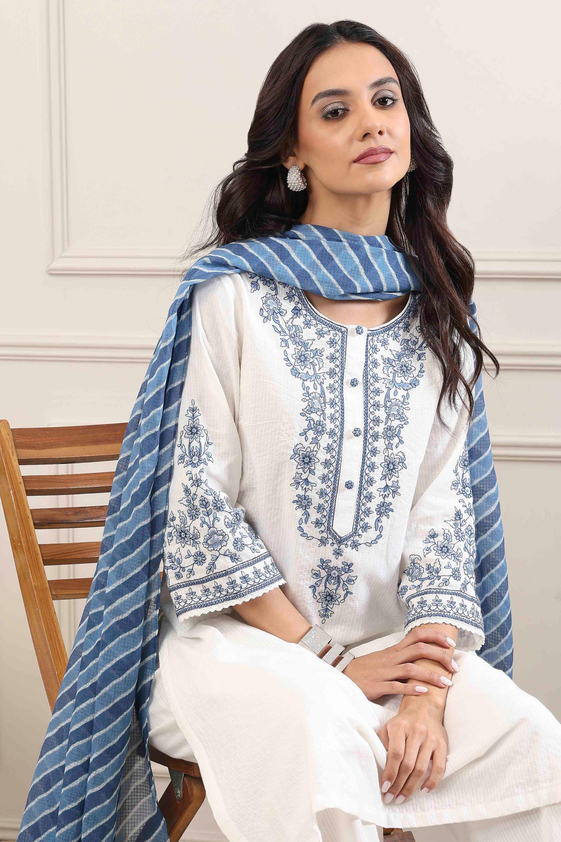 White Cotton Kurta Set with Blue Floral Embroidery and Striped Dupatta, view 5 of 6