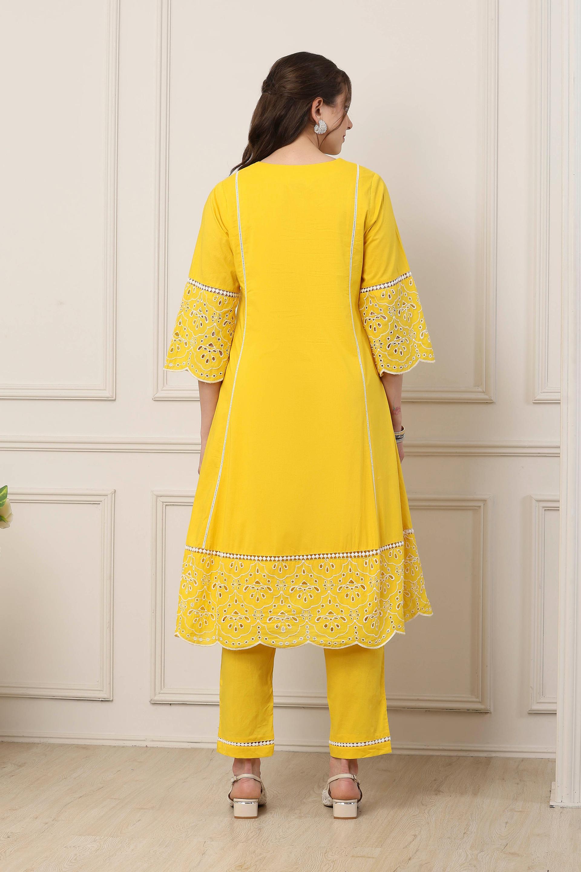 Yellow Cotton Flared Kurta Set with White Eyelet Embroidery, view 3 of 6