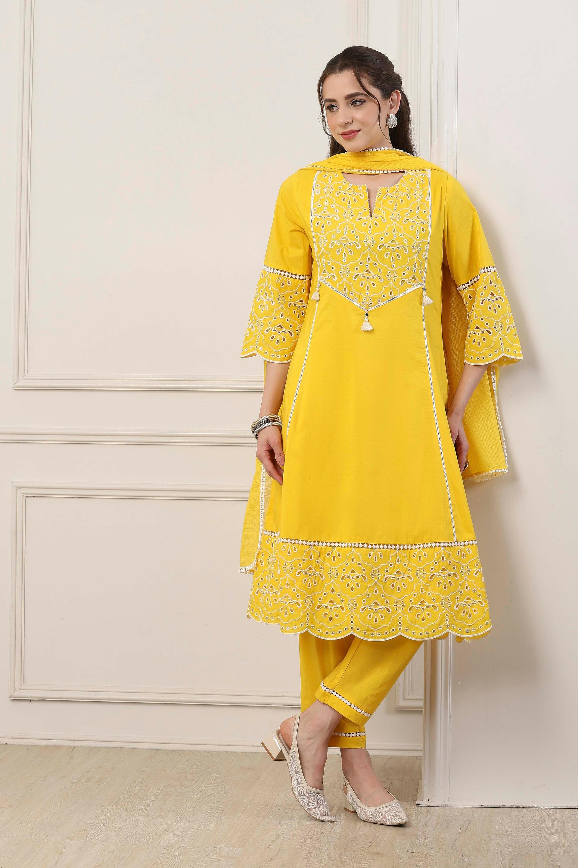 Yellow Cotton Flared Kurta Set with White Eyelet Embroidery, view 4 of 6
