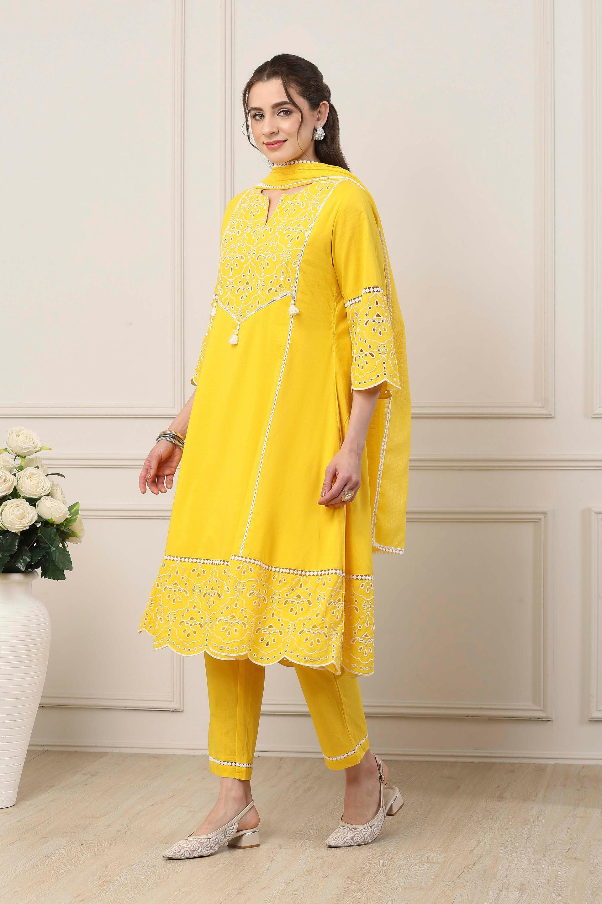 Yellow Cotton Flared Kurta Set with White Eyelet Embroidery, view 5 of 6