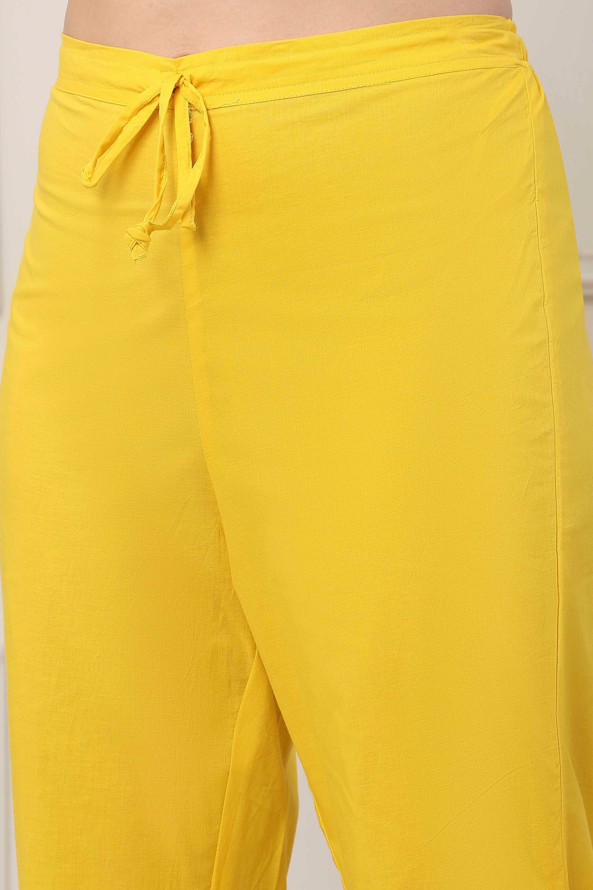 Yellow Cotton Flared Kurta Set with White Eyelet Embroidery, view 6 of 6