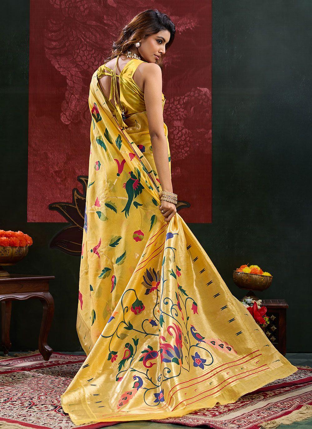 Yellow Cotton Silk Saree with Paithani-Style Pallu, view 2 of 4